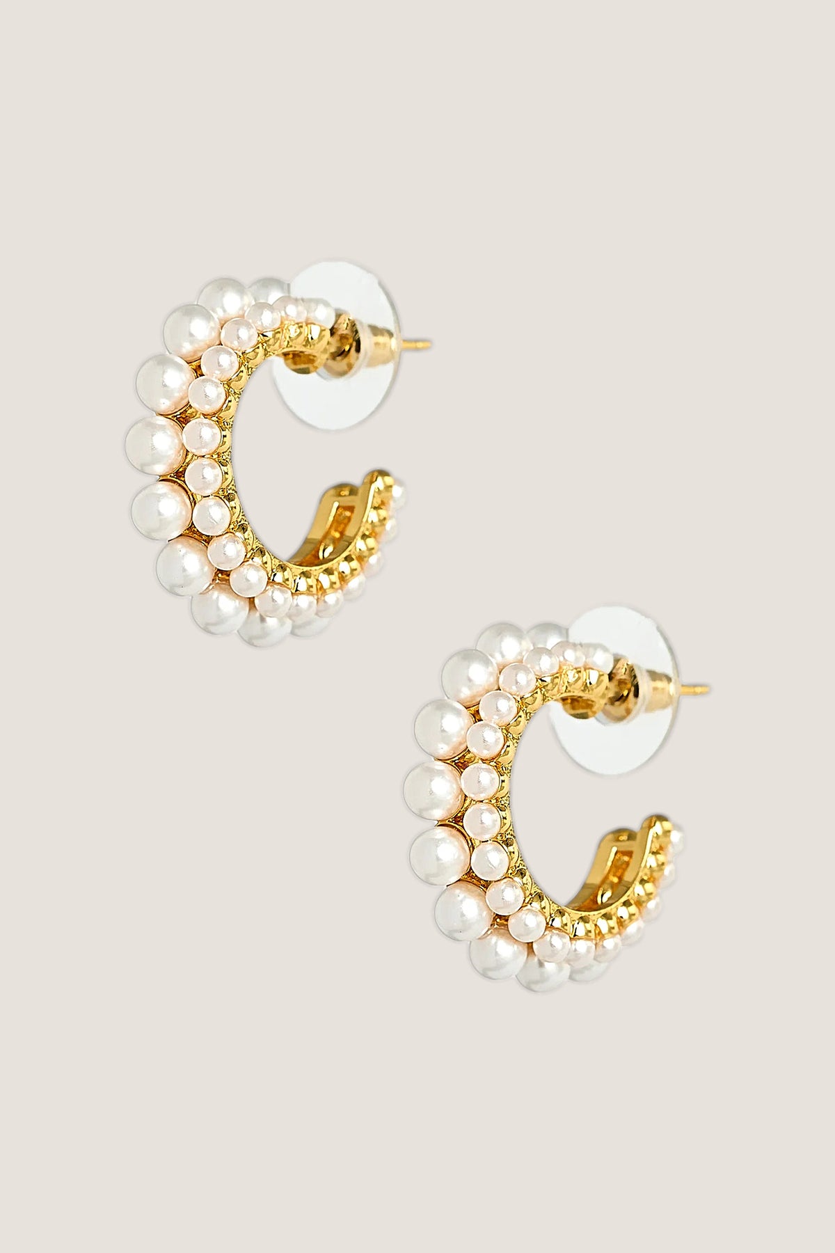 Toby double pearl hoop earrings at a three-quarter angle, showing the inside of the hoop and the post backs.
