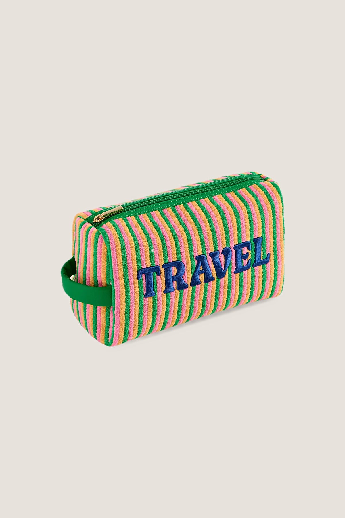 The Travel medium zip pouch in pink, yellow and green terry stripes with blue TRAVEL lettering and a green side handle.