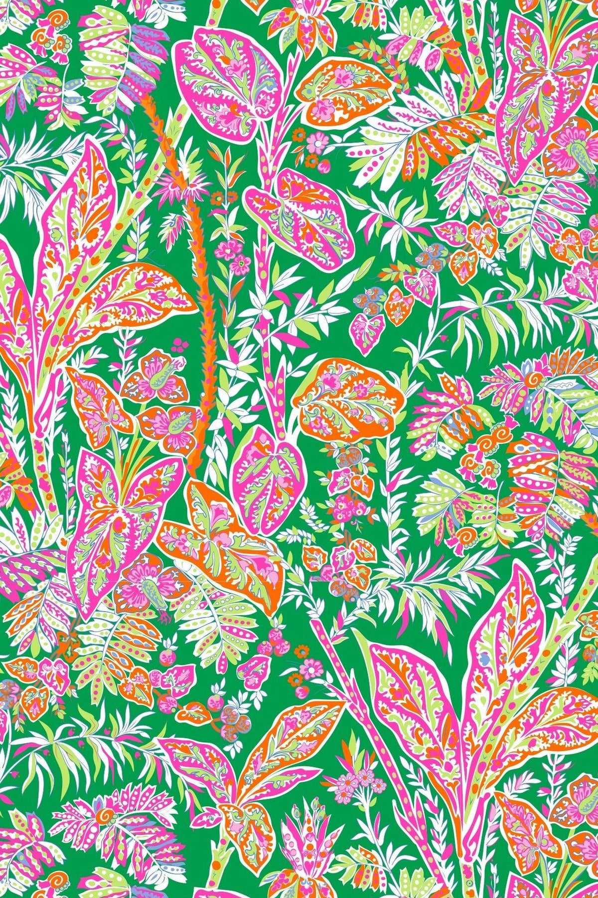Close-up of the kelly green vine print in pink, orange and citrus tones.