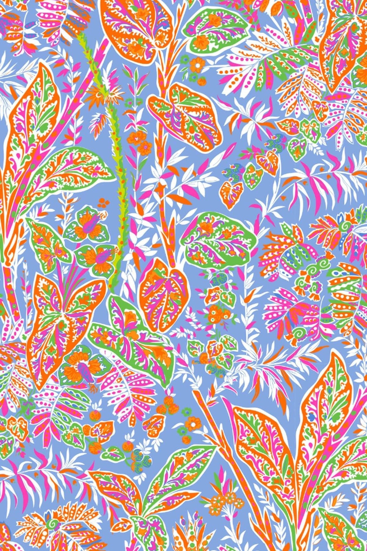 Close-up of the periwinkle vine print in pink, coral, orange and green.