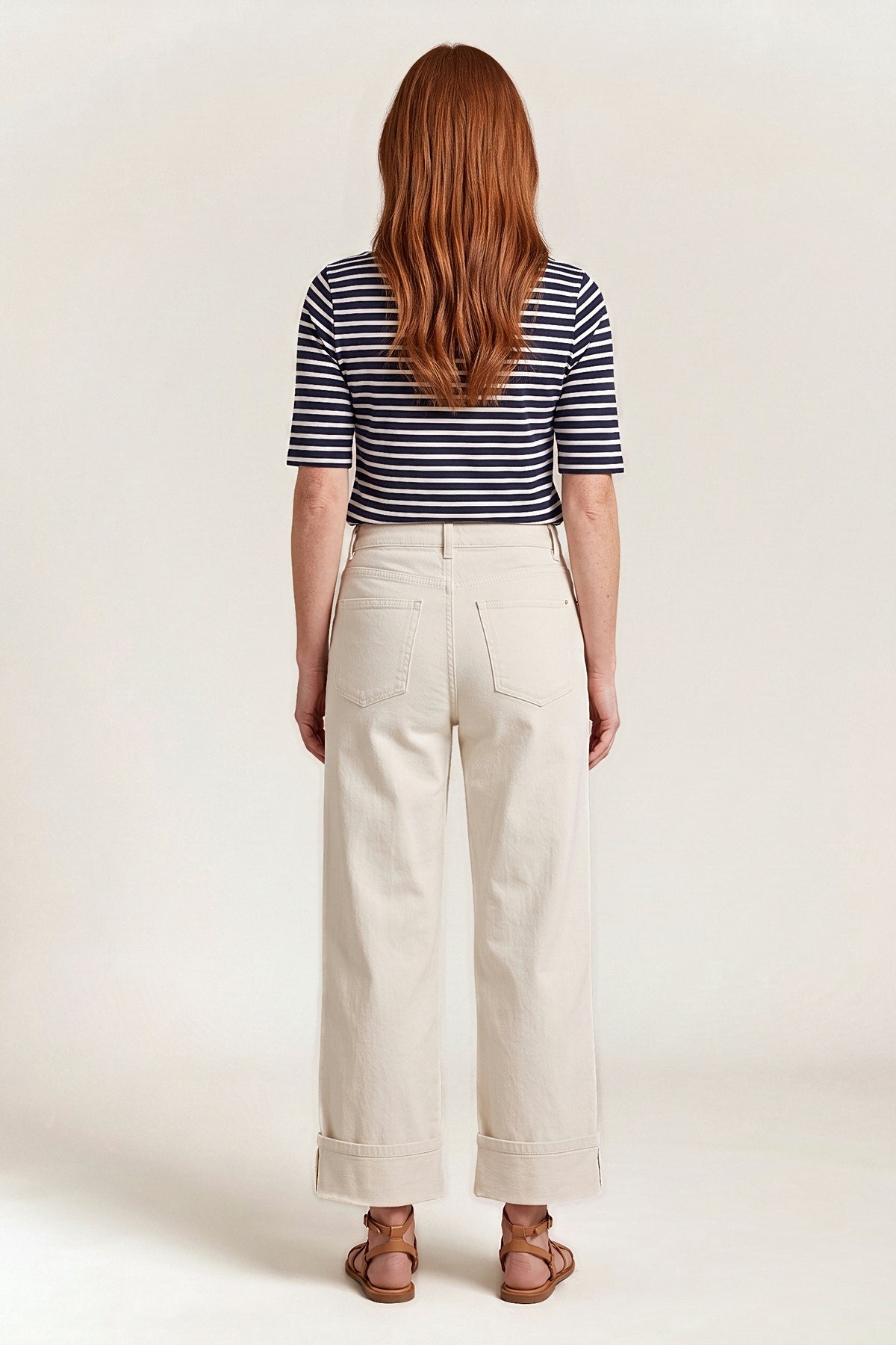 Back view of the off-white Weekend Edit jeans with back yoke, patch pockets and cuffed hem.
