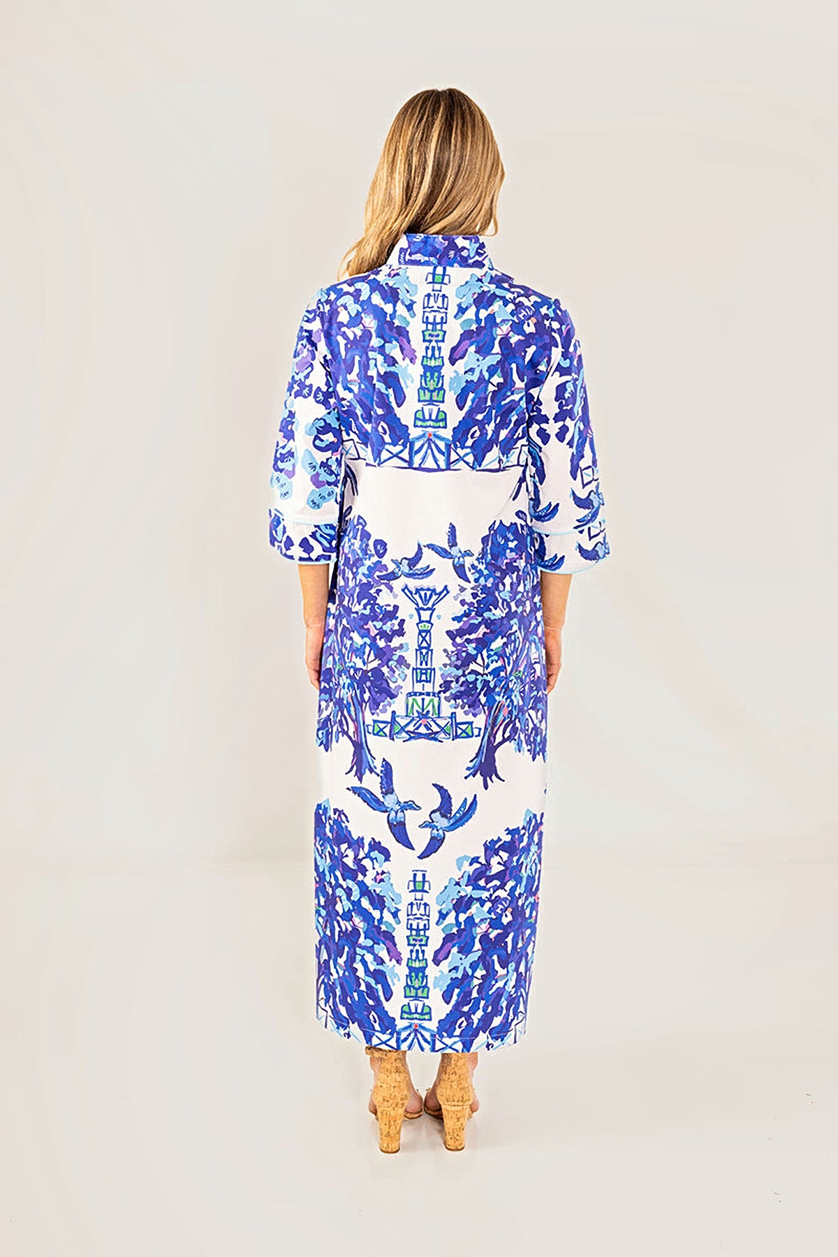 Back view of the Willow Bouvier long dress in the blue and white print.