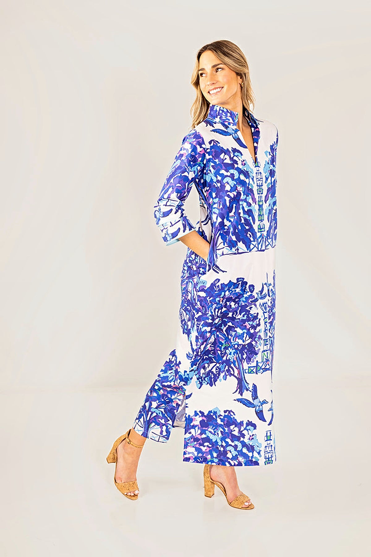 Side view of the Willow Bouvier long dress, showing the side slit.