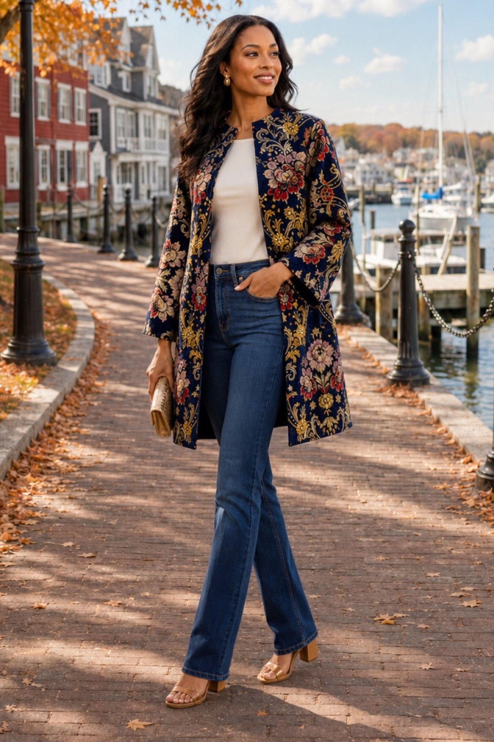 A woman stands on a brick waterfront walkway wearing a long floral print jacket over a white top and blue jeans, with tan heeled sandals and holding a small clutch.