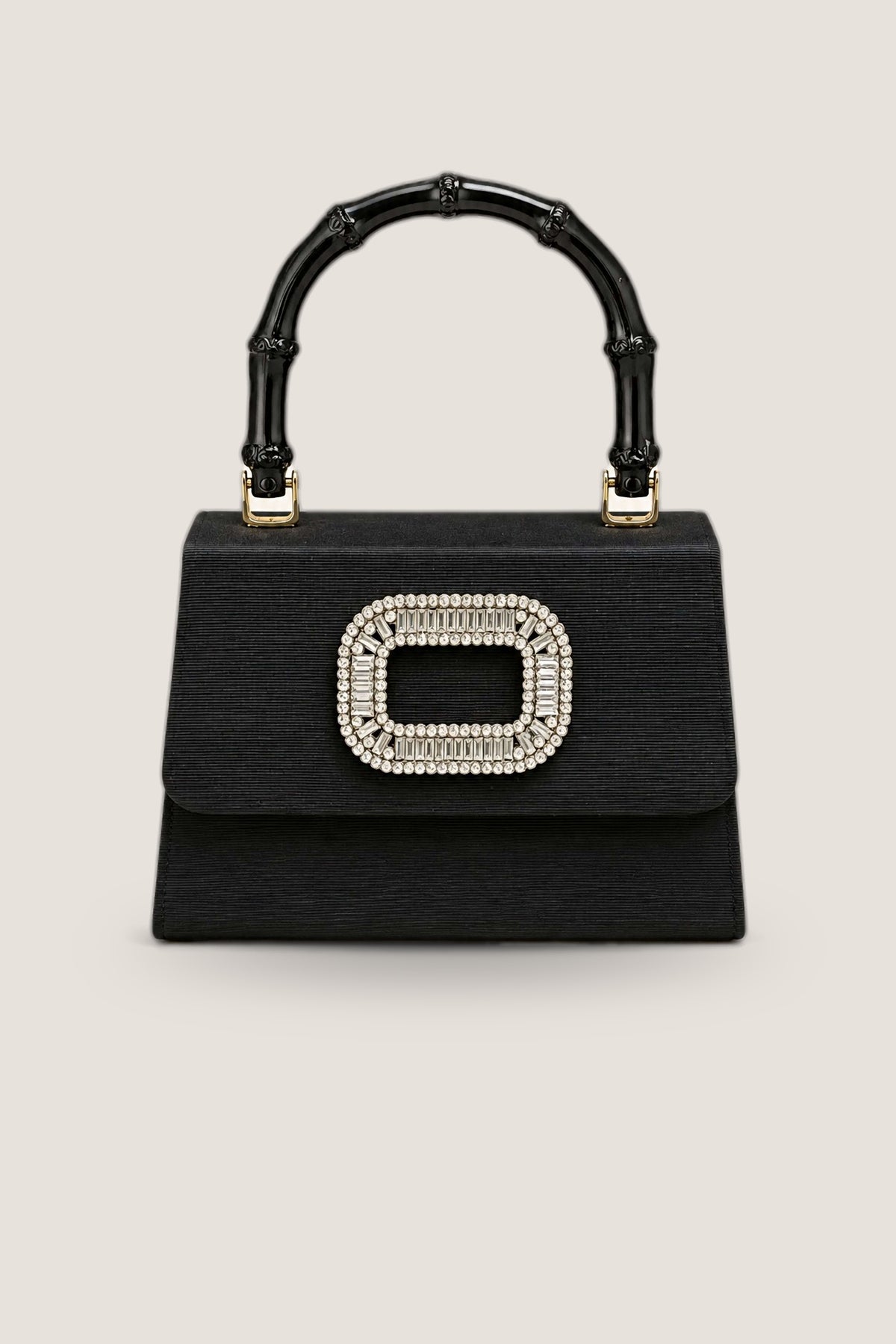 The Black Faille Lulu with a black bamboo top handle and a rectangular rhinestone buckle on the flap, shown front on.