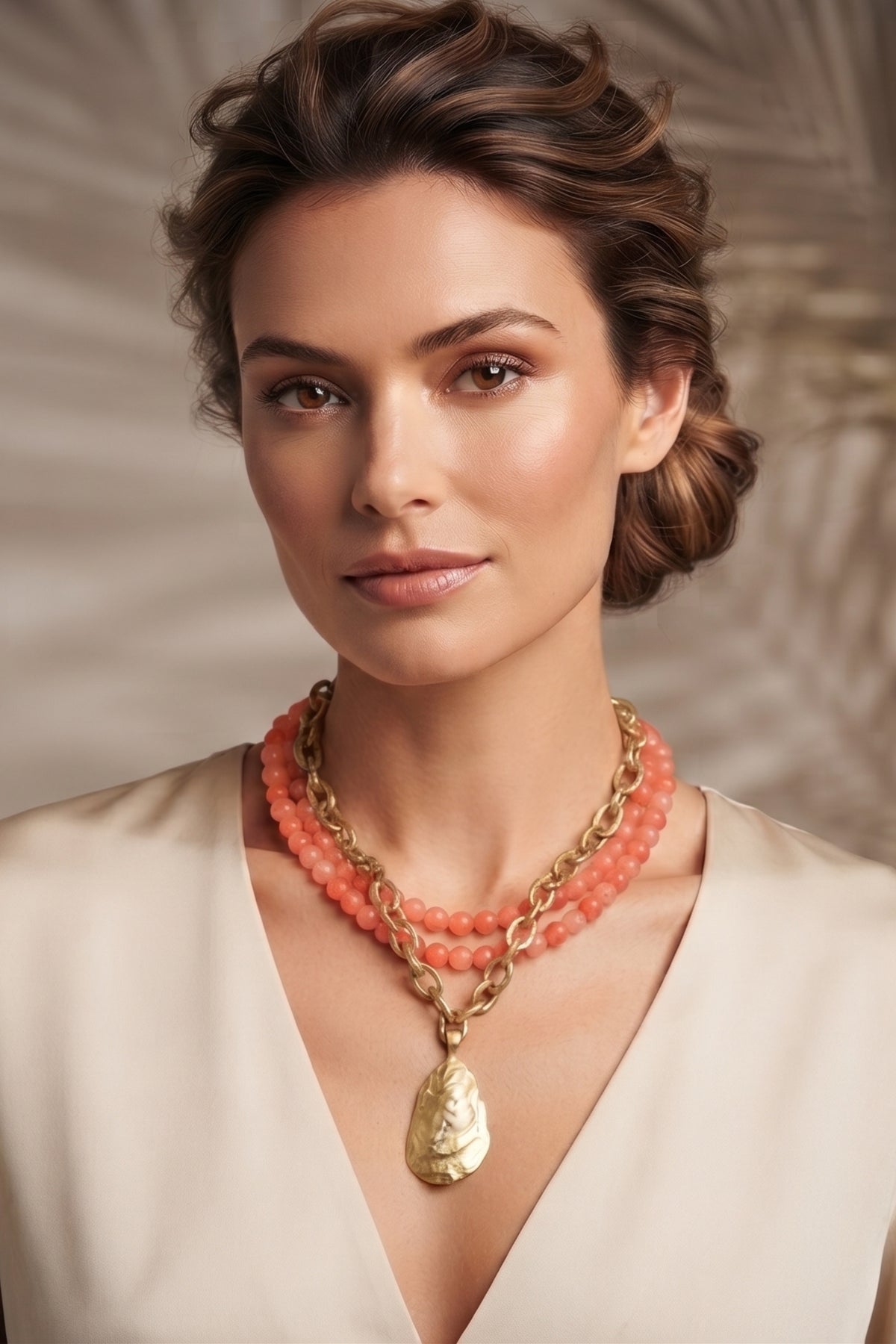 Gold Oyster and Coral Necklace worn