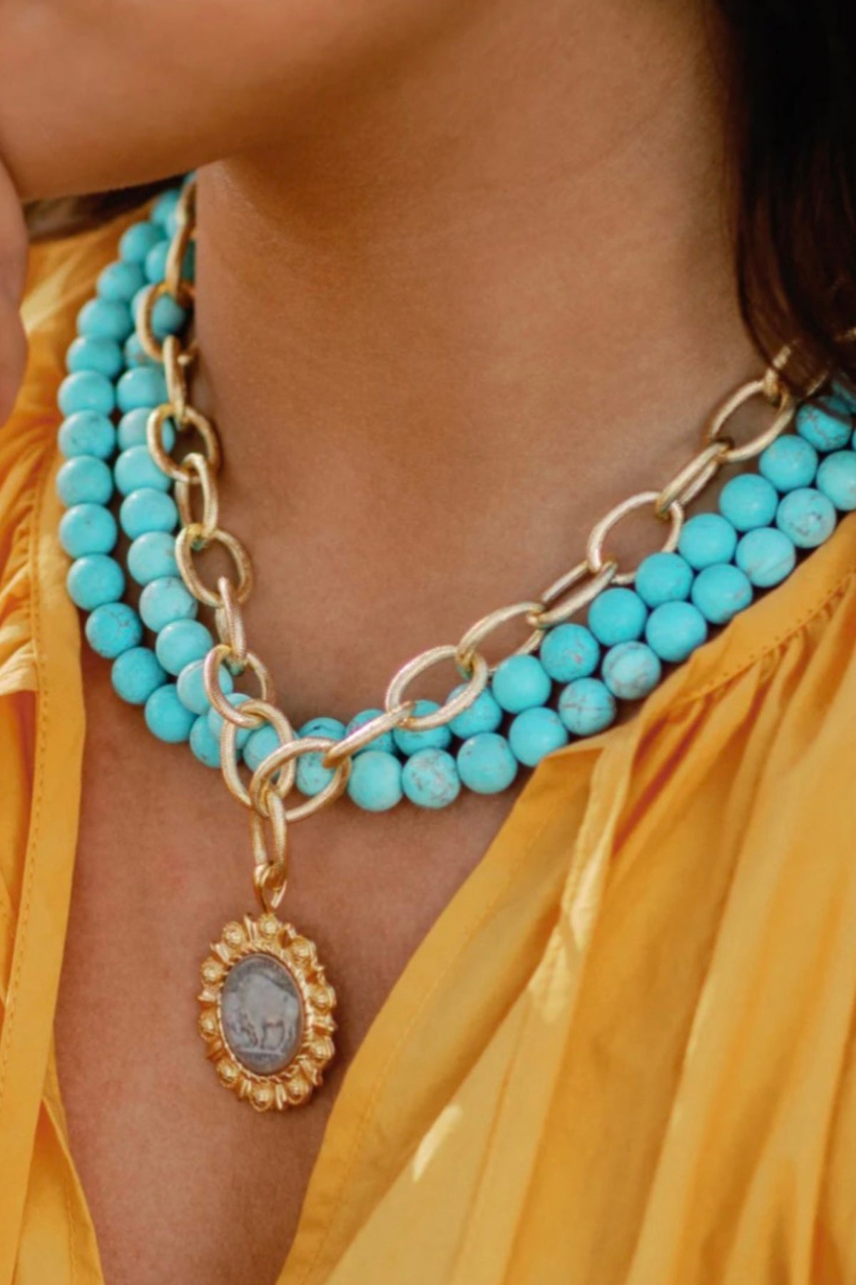 Gold and Buffalo Nickel on 3 Row Matte Turquoise Necklace worn