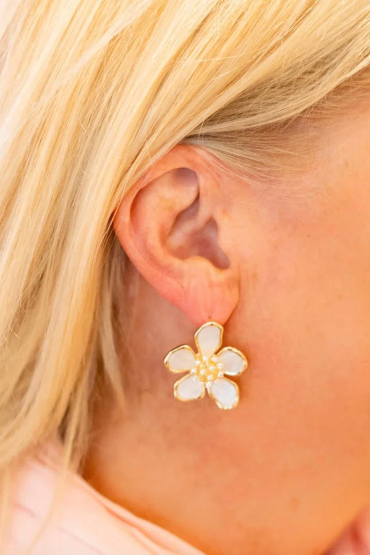 Elinore Pedal Mother of Pearl Earrings worn