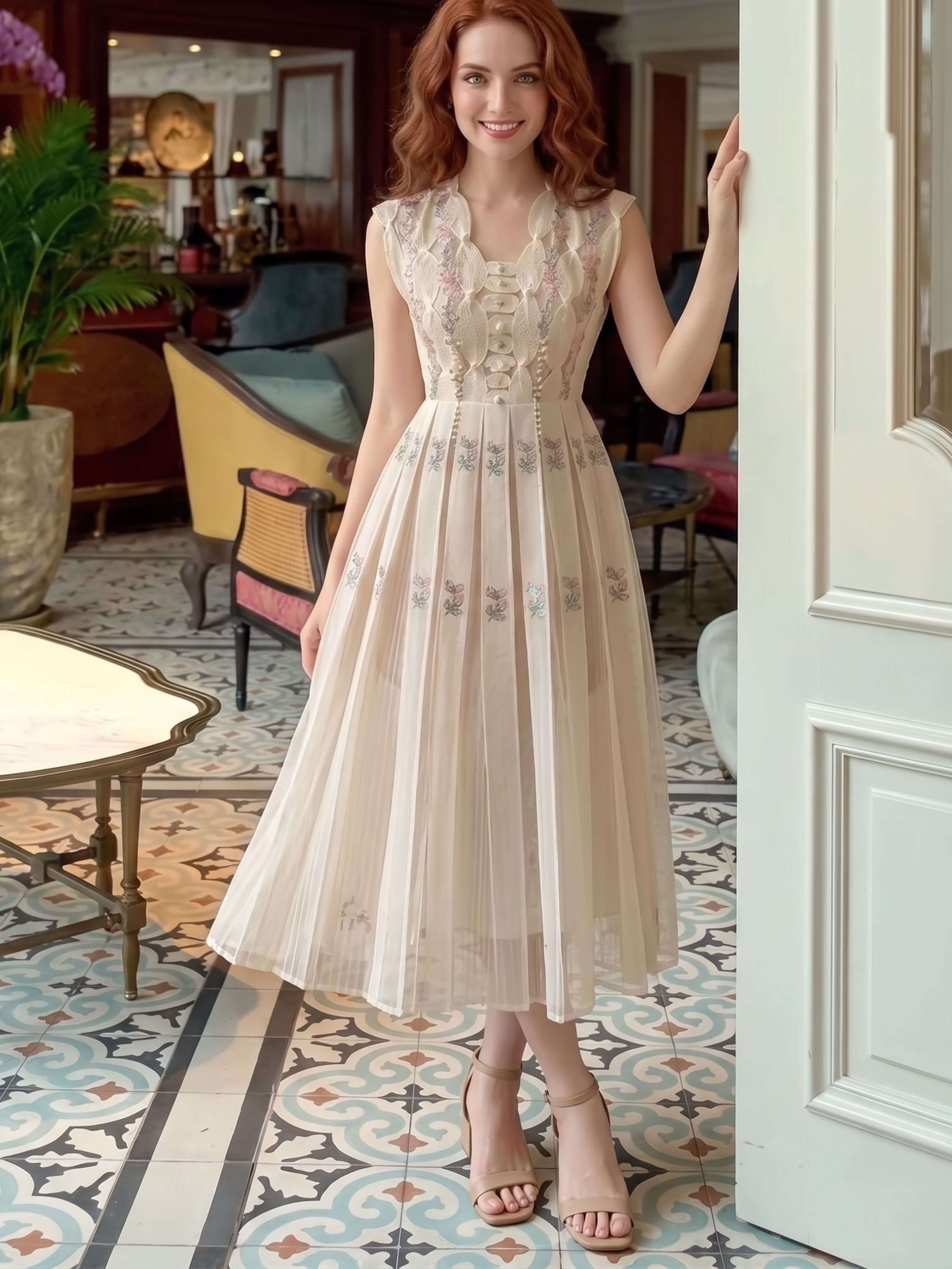 A woman wearing a sleeveless beige midi dress with floral embroidery and a pleated skirt, standing in a decorated room with patterned tile floors and a white door frame.