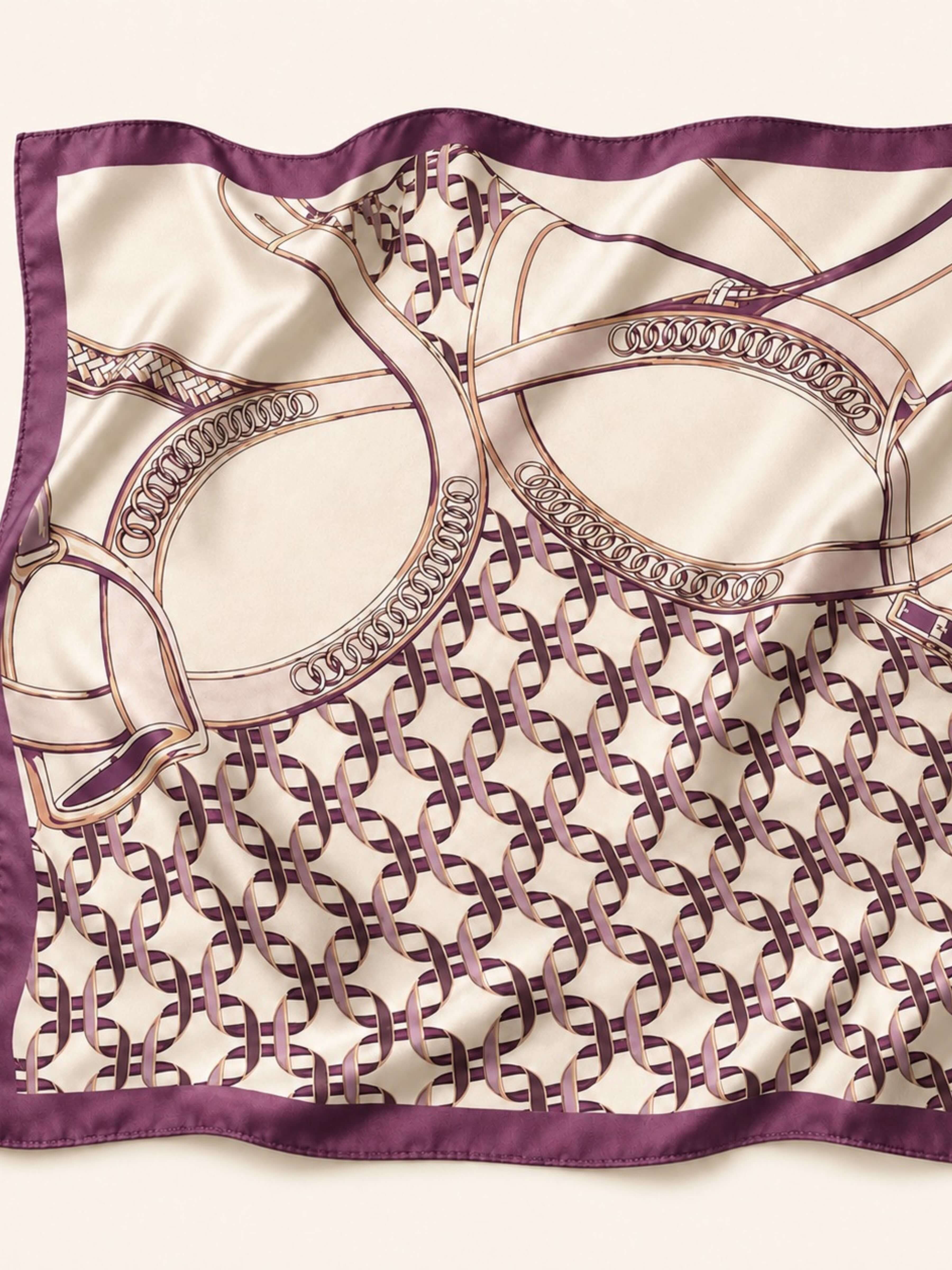 A square silk scarf featuring a beige and purple chain-link pattern with a solid purple border, laid flat on a light cream background.