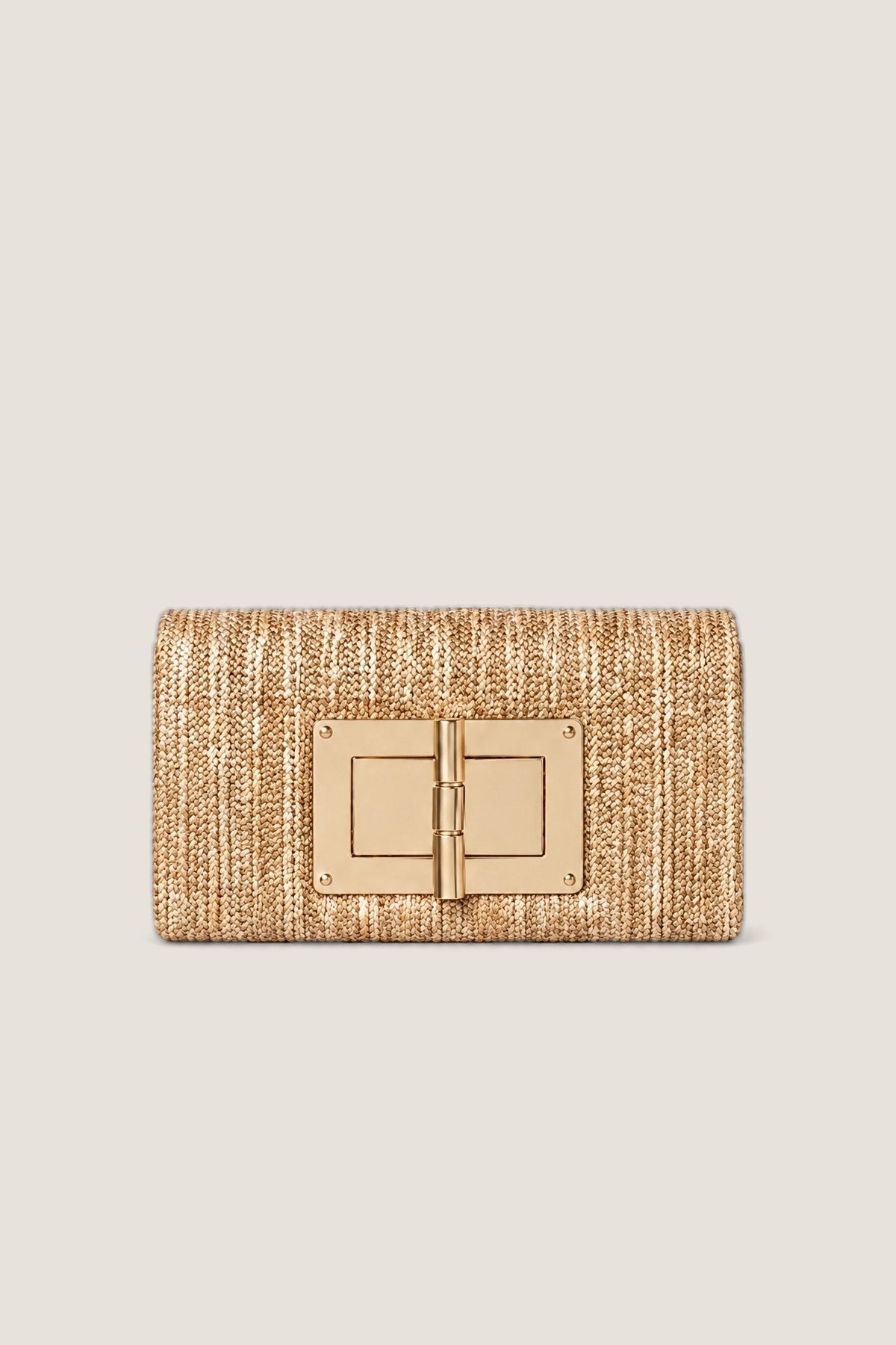 The Lisi Lerch Gold Lillian Straw Clutch, a gold toned woven straw clutch with a gold turn lock, shown front on.