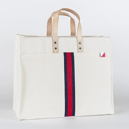 Red Striped Box Heavy Canvas Tote Bag with Leather Handles