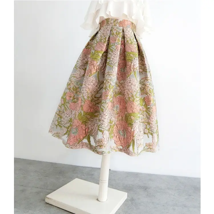 Pink Floral Embroidered High Waist Organza Skirt