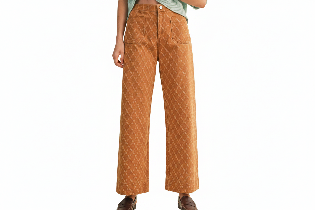 Sand Beige Diamond Quilted Wide Leg Pants