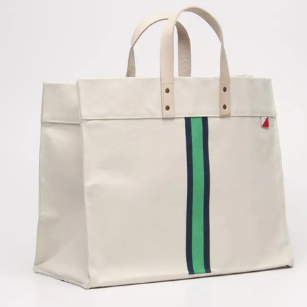 Kelly Green Striped Box Heavy Canvas Tote Bag with Leather Handles