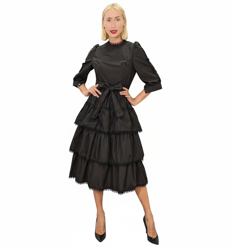 Black Layered Half Sleeve Midi Dress
