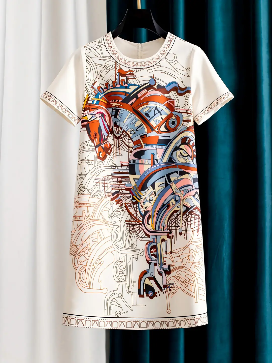 Elegant Equestrian-Inspired Printed Straight Mini Dress