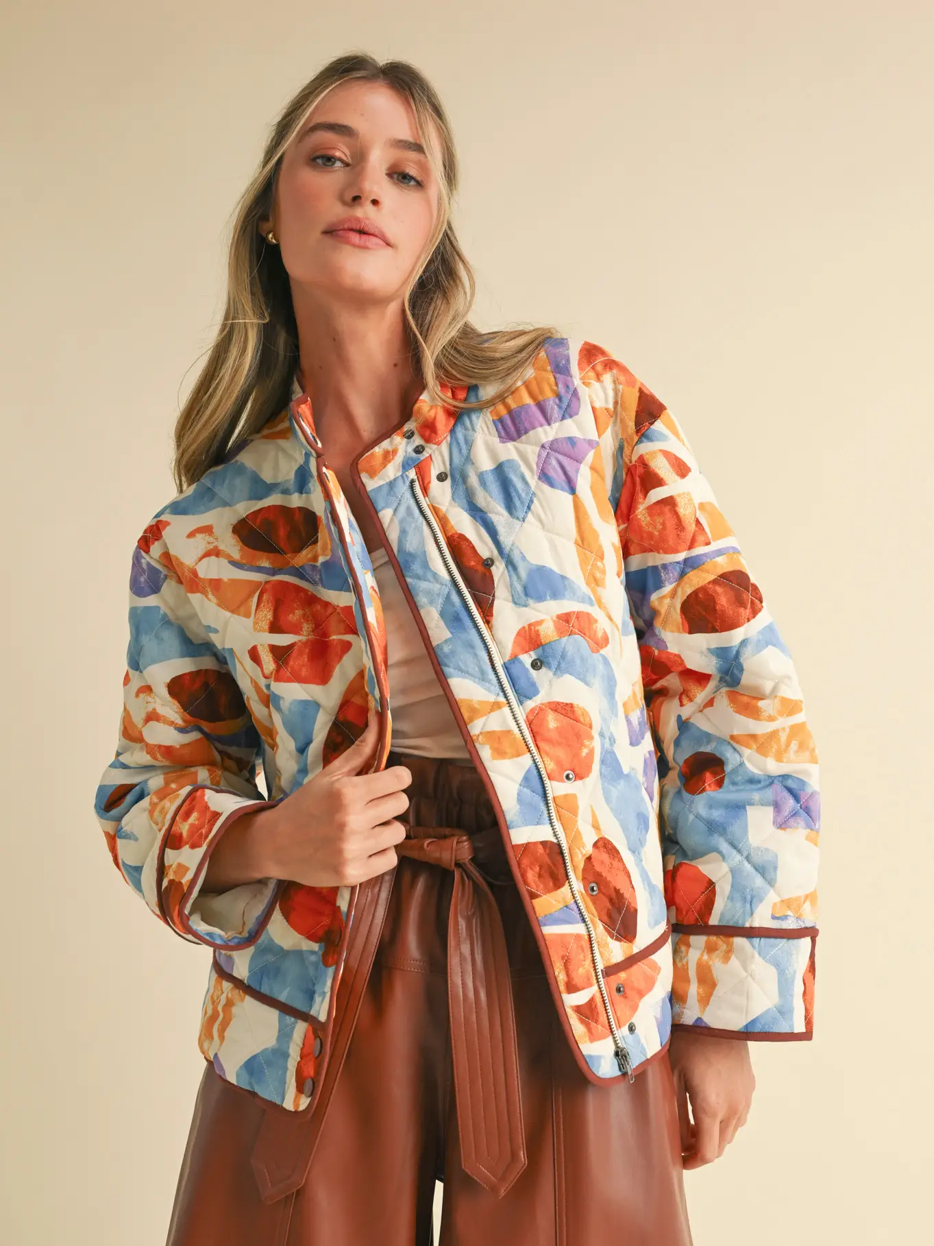 Exclusive Print Quilted Jacket with Contrast Binding