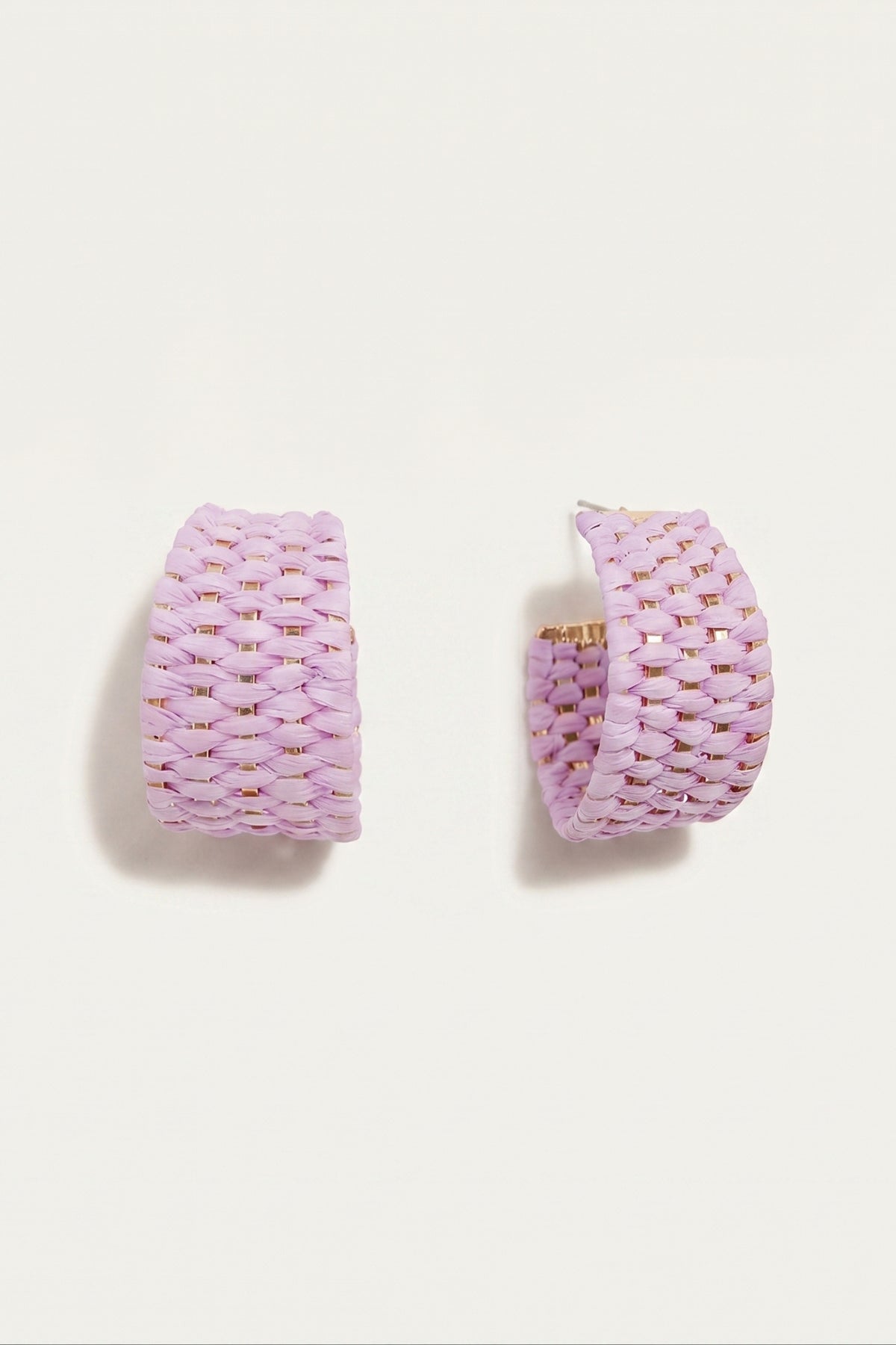 Lavender Woven Raffia Wide Hoop Earrings on a cream background