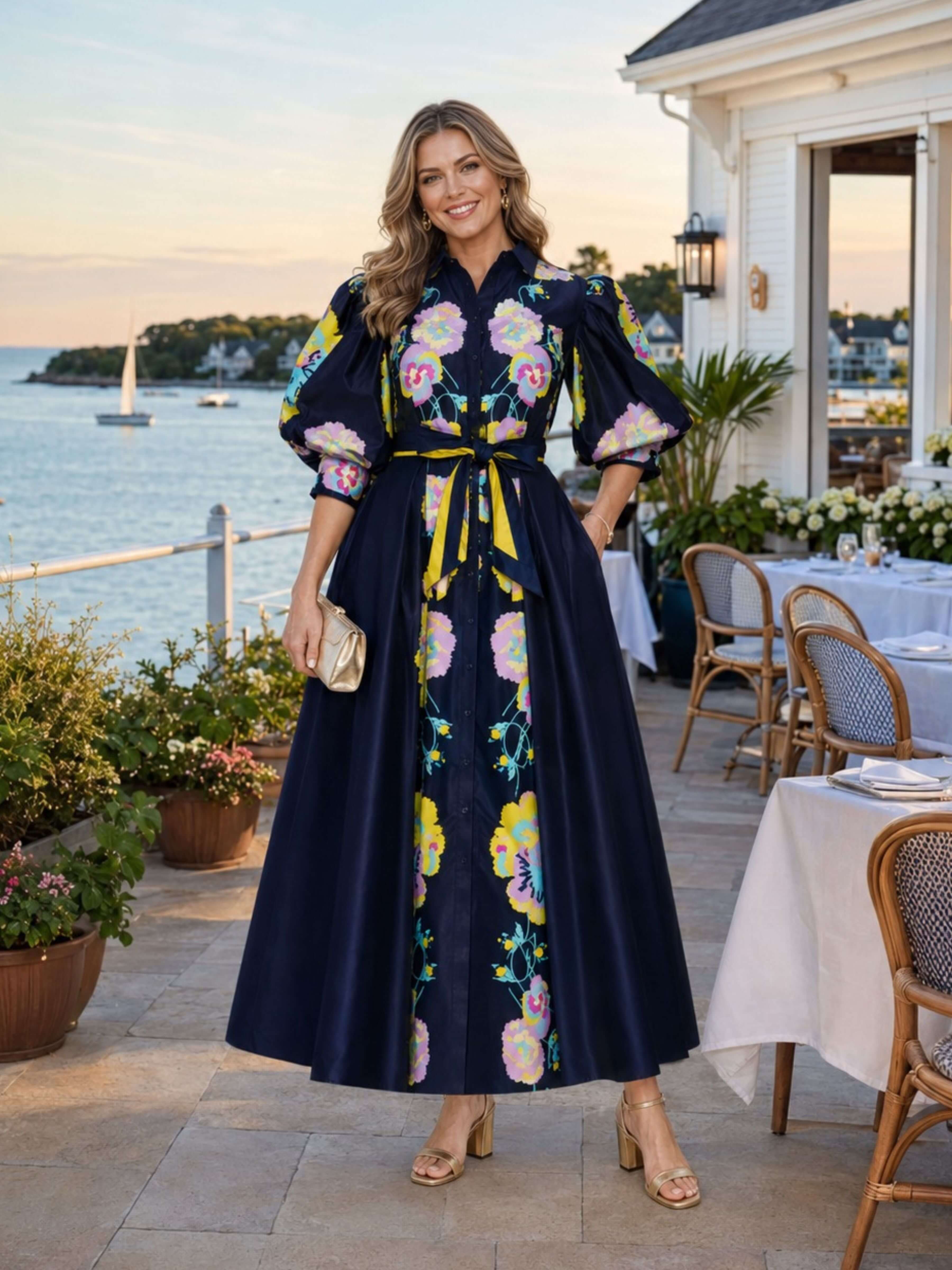 A woman stands on a seaside patio wearing a navy maxi dress with large pink, yellow, and white floral print, puff sleeves, and a matching waist tie. She is holding a small metallic clutch and wearing beige heeled sandals.