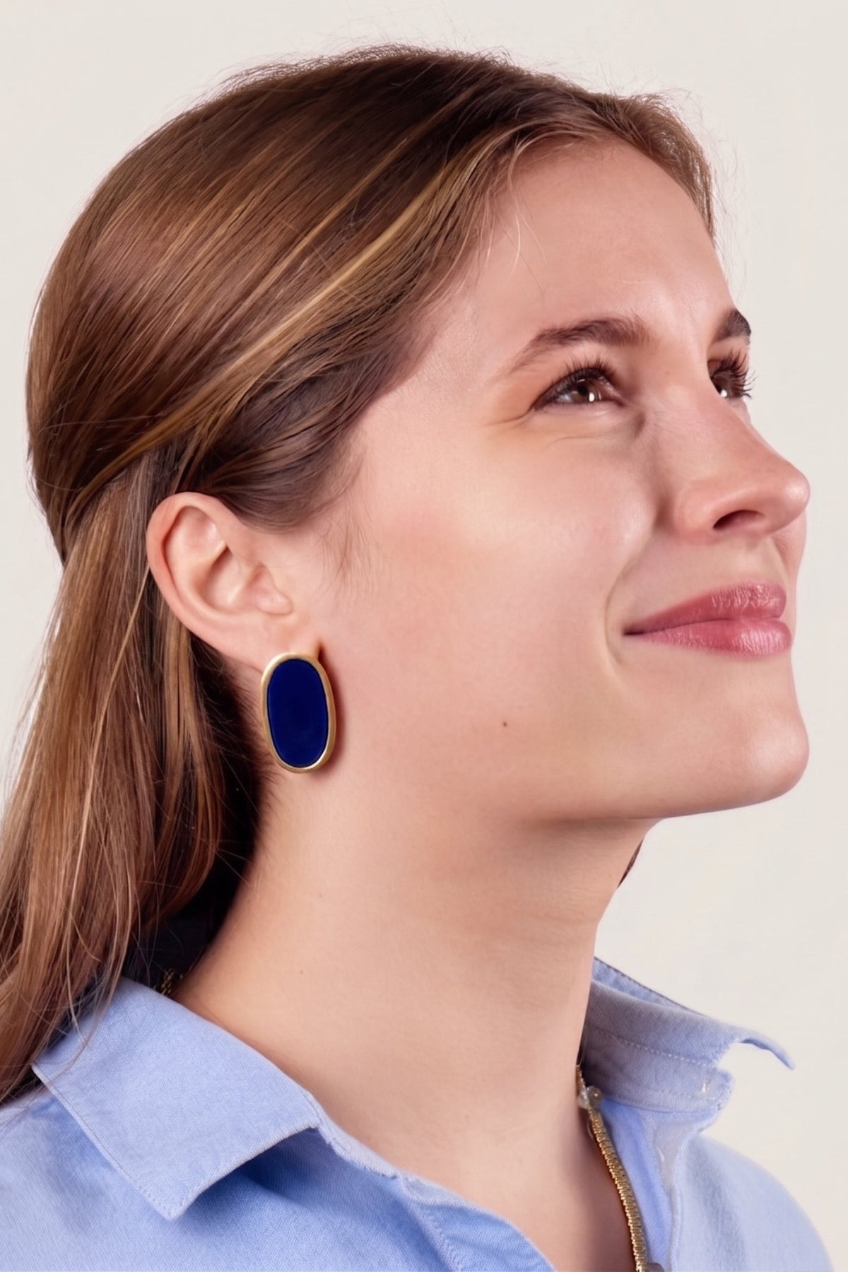 Navy Alexis Oval Enamel Post Earrings worn