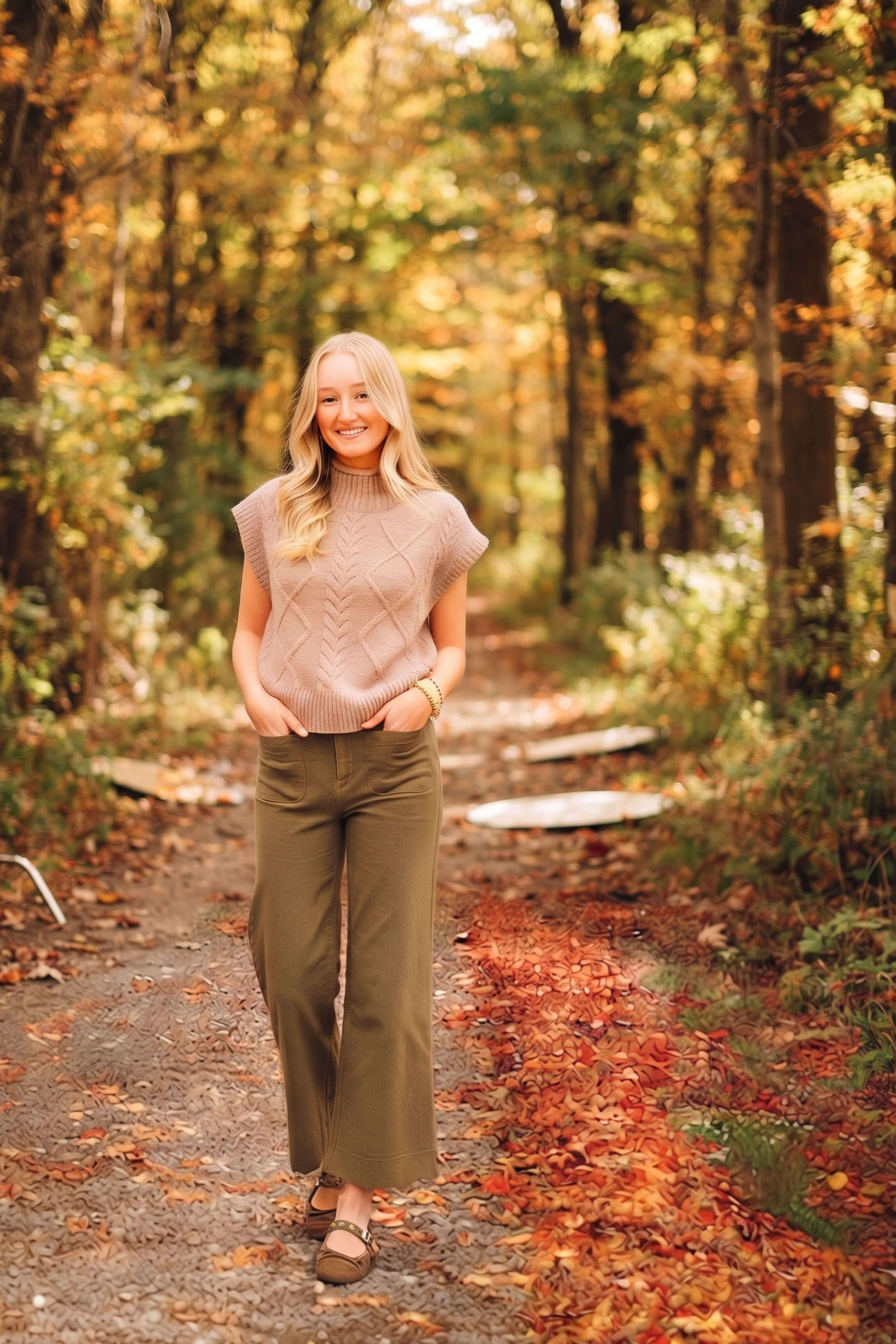 A woman walking on a leaf-strewn forest path wearing a sleeveless beige knit top and olive green wide-leg pants.