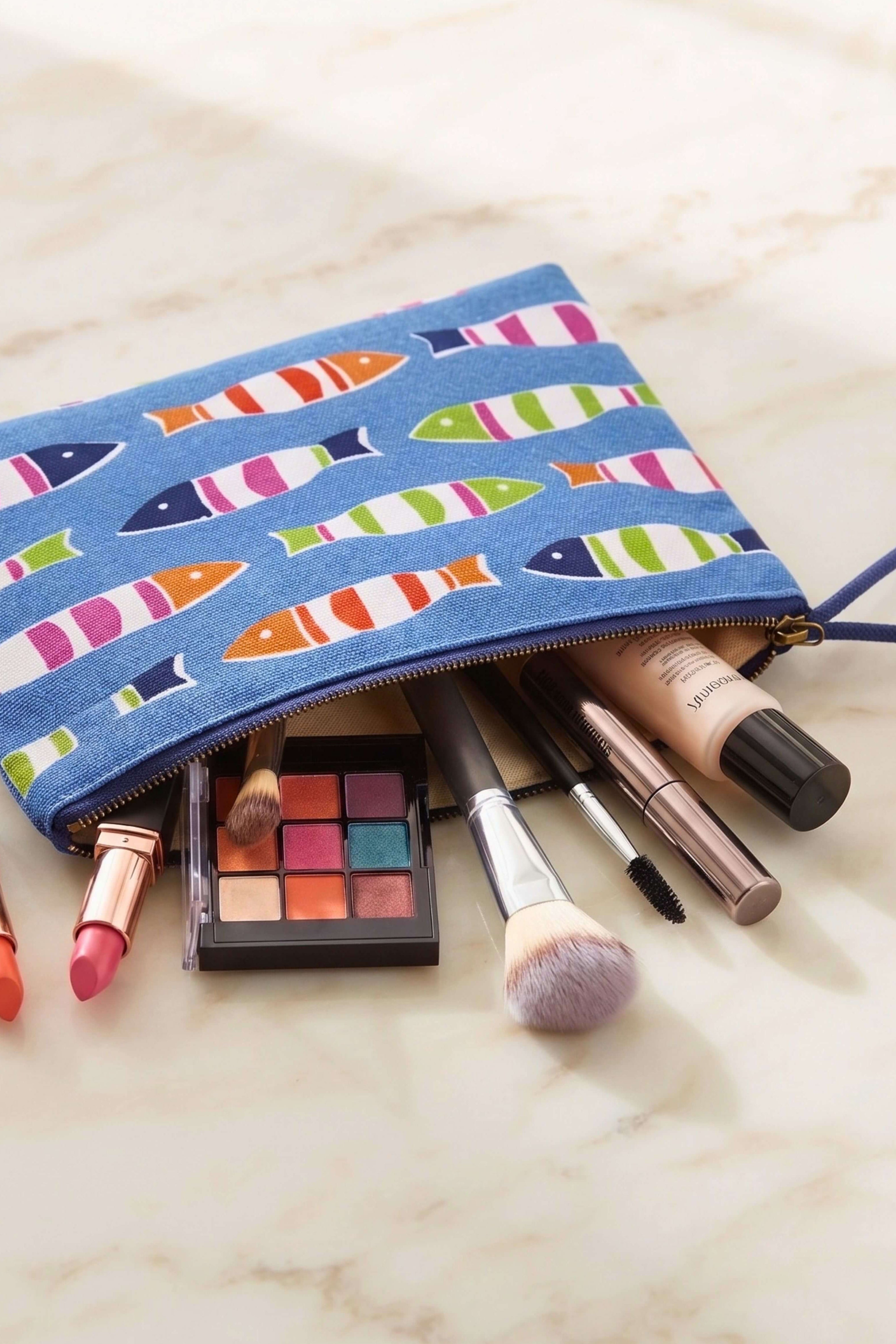A blue zippered cosmetic pouch with a colorful fish pattern, shown on a light marble surface with makeup items like lipsticks, brushes, an eyeshadow palette, and a foundation bottle partially pulled out.