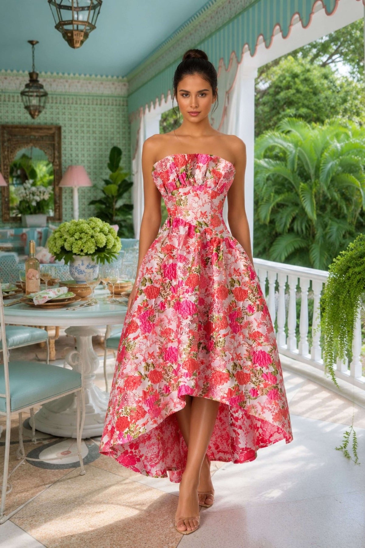 A woman models a strapless high-low dress with a vibrant pink, red, and green floral print, set against a beautifully decorated outdoor patio background.
