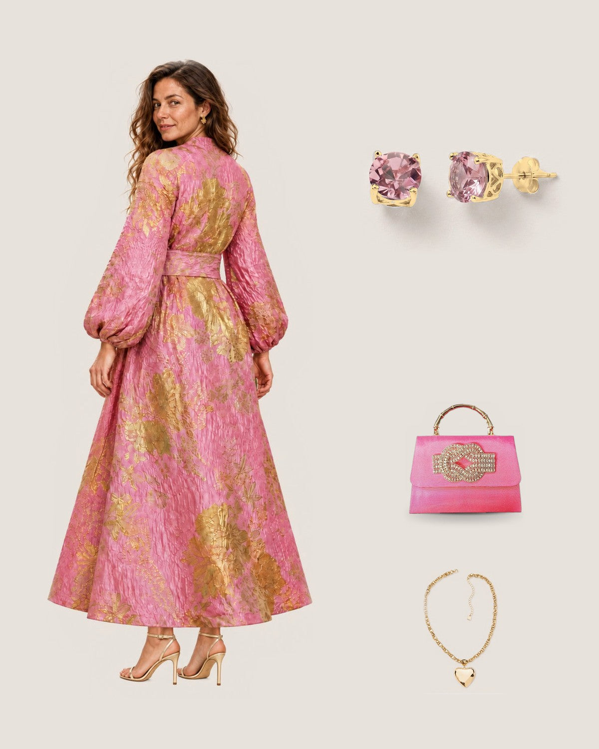 How to style the Baby Pink Sparkle Stud Earrings: with the Pink & Gold Floral Brocade Maxi Dress, Pink Lulu Rhinestone Knot w/ Gold Bamboo Handle Clutch and Golden Heart Chain Necklace