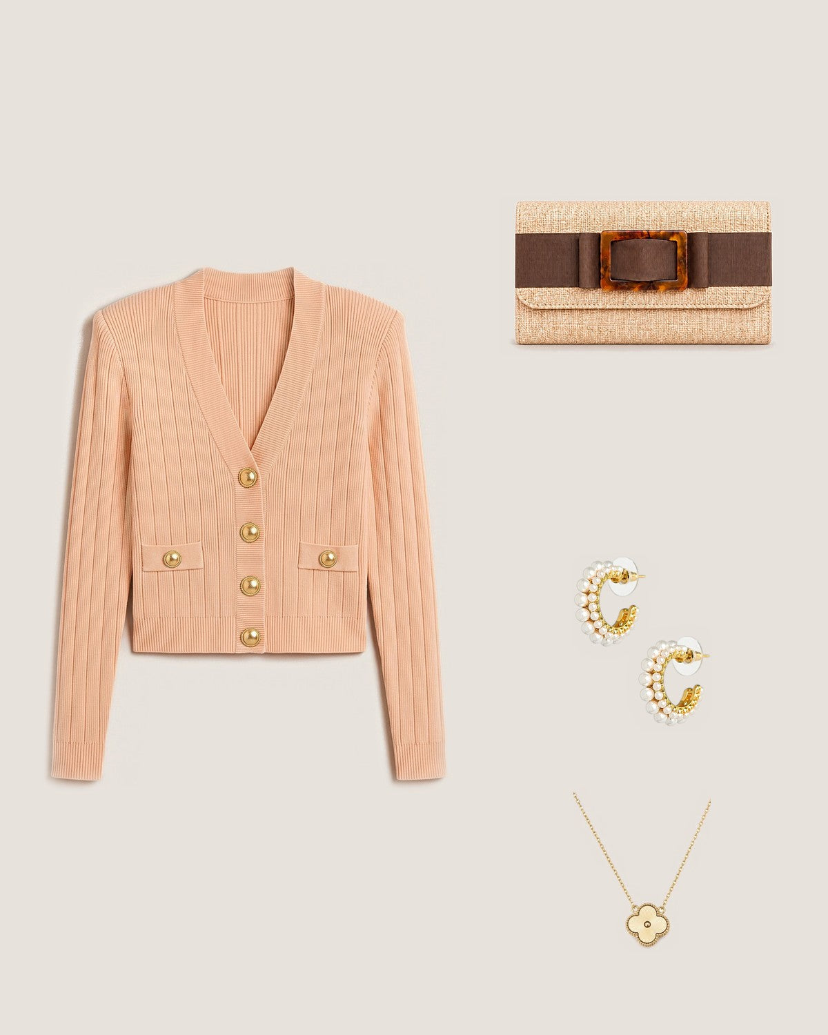 How to style the Avery Brown Bow Clutch with Tortoise Buckle: with the Timeless Knit Cardigan Sweater, Toby Double Pearl Hoop Earrings and Foxy Gold Quatrefoil Necklace