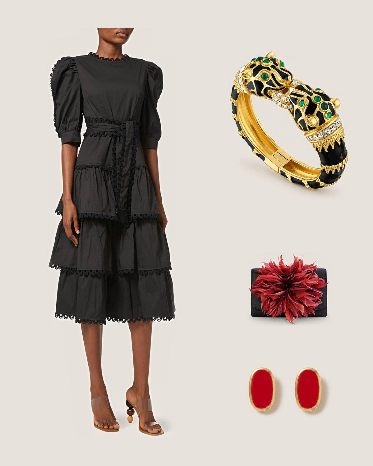 How to style the Black Enamel Double Panther Bracelet: with the Black Layered Half Sleeve Midi Dress, Black Scallop Ruby Feather Clutch and Red Alexis Oval Enamel Post Earrings