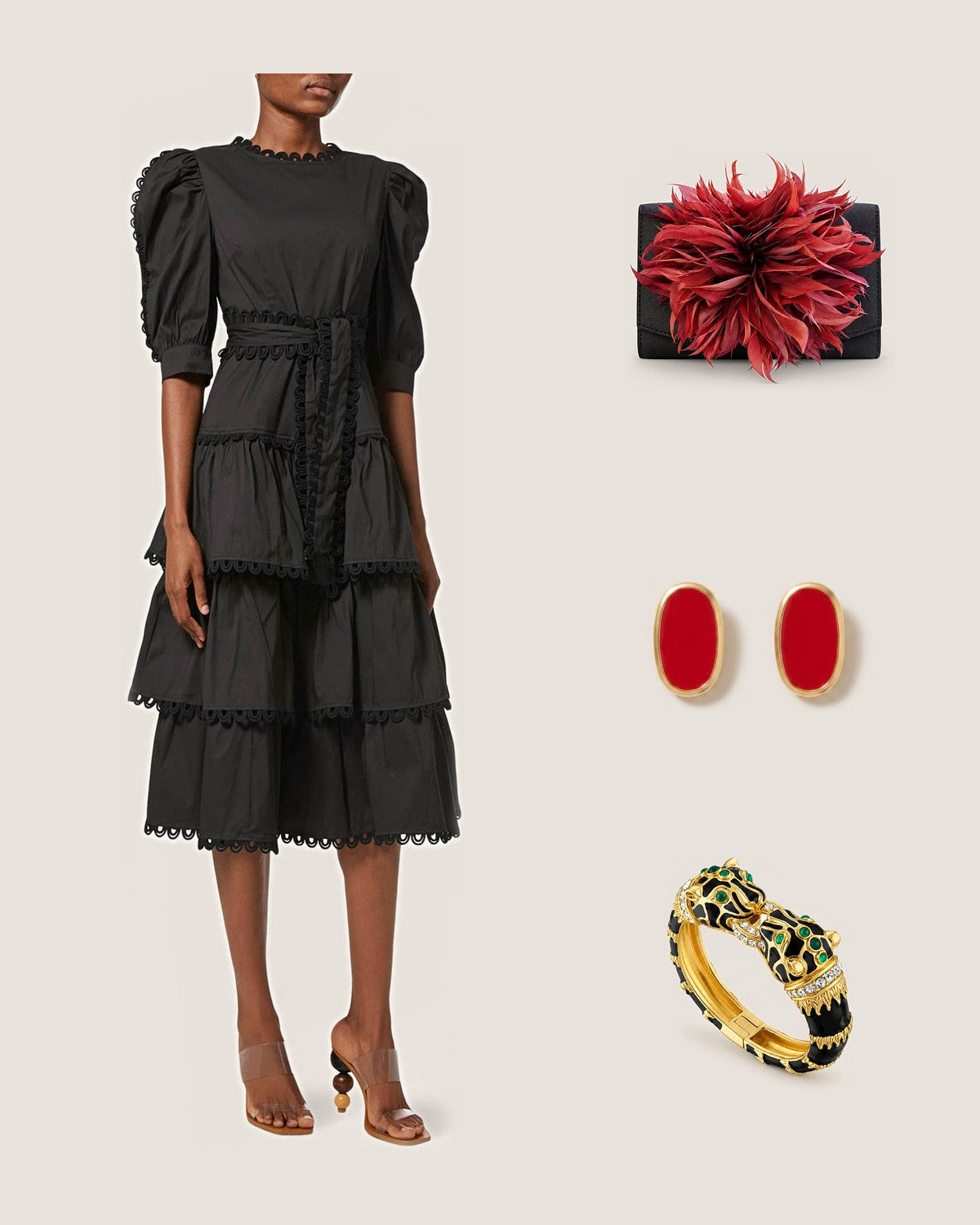 How to style Black Layered Half Sleeve Midi Dress: with the Black Scallop Ruby Feather Clutch, Red Alexis Oval Enamel Post Earrings and Black Enamel Double Panther Bracelet