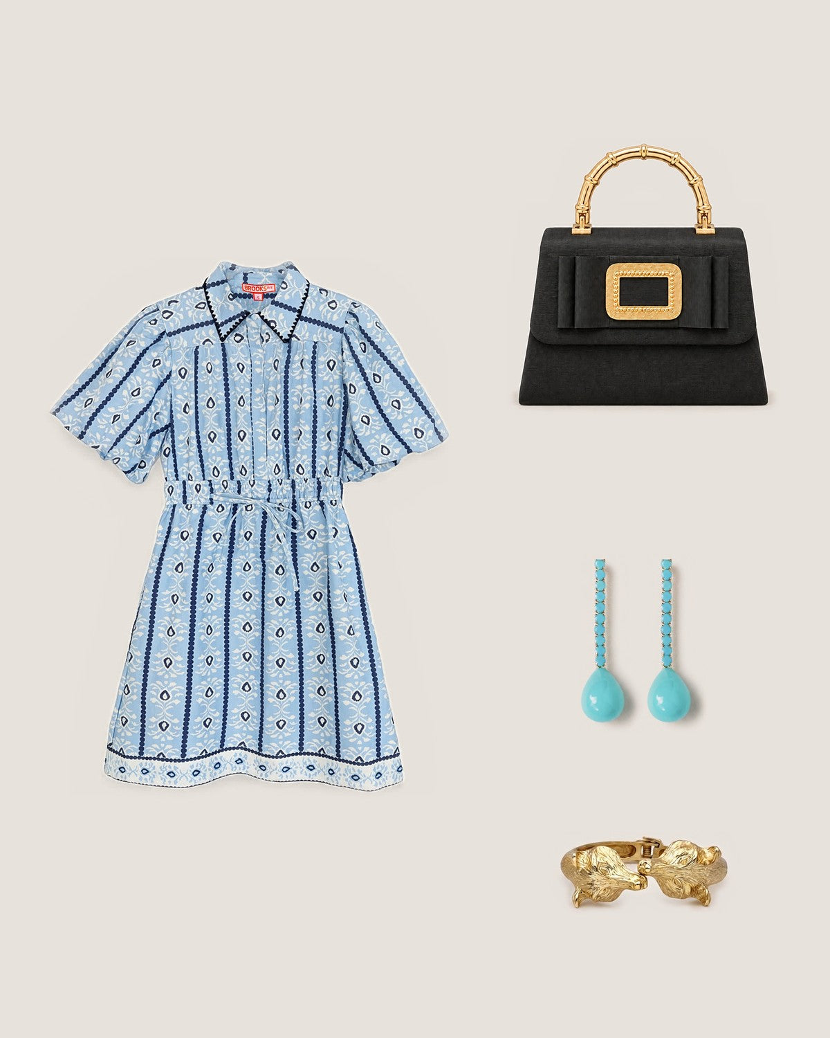 How to style the Black Lulu Bamboo Handle Bag with Bow: with the Banyan Mini Dress - Cabana Stripe Blue, Turquoise Swingy Statement Earrings and Golden Fox Hinged Bracelet