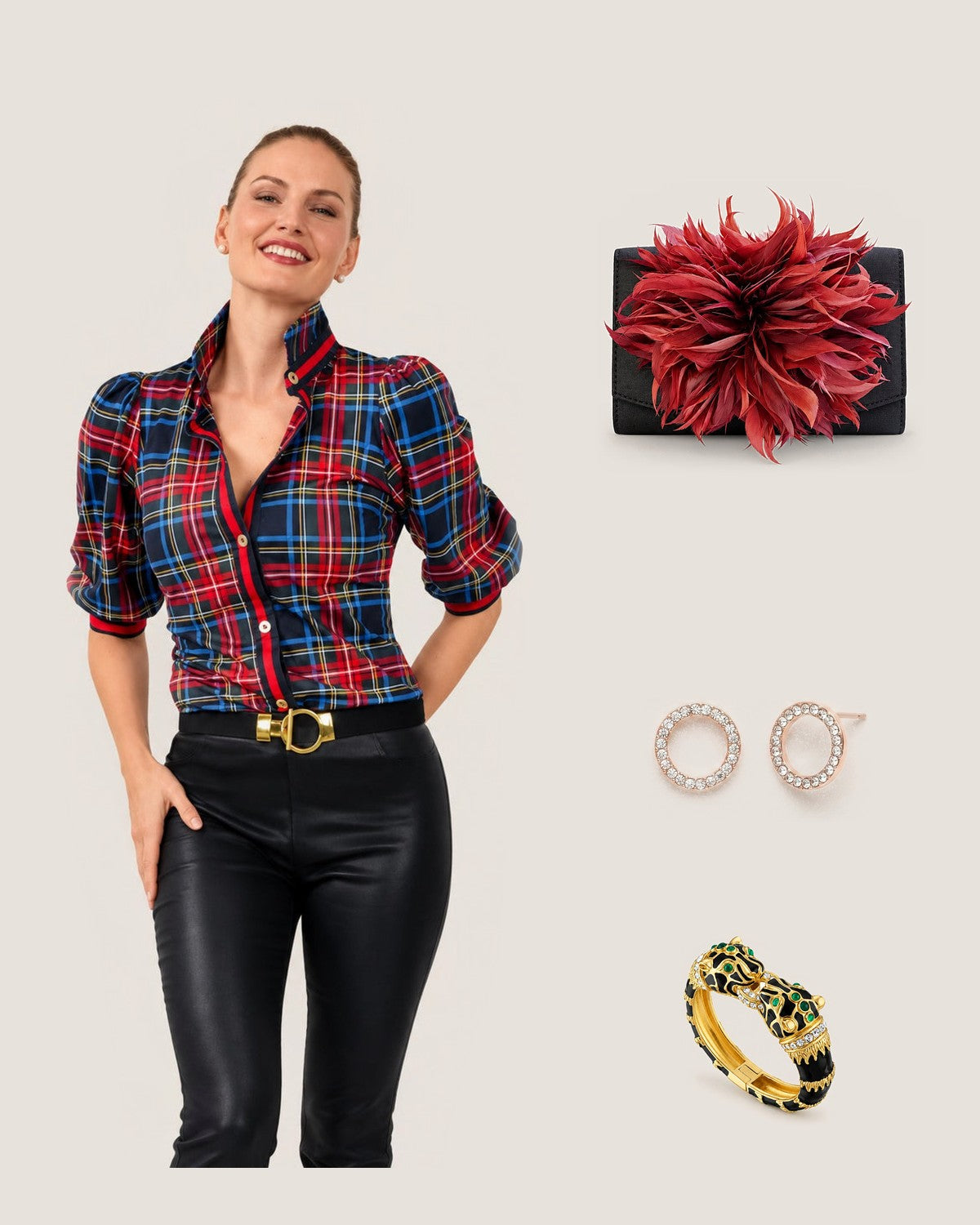 How to style the Black Scallop Ruby Feather Clutch: with the Stewart Plaid Puff Sleved Top, Gold Crystal Eternity Stud Earrings and Black Enamel Double Panther Bracelet