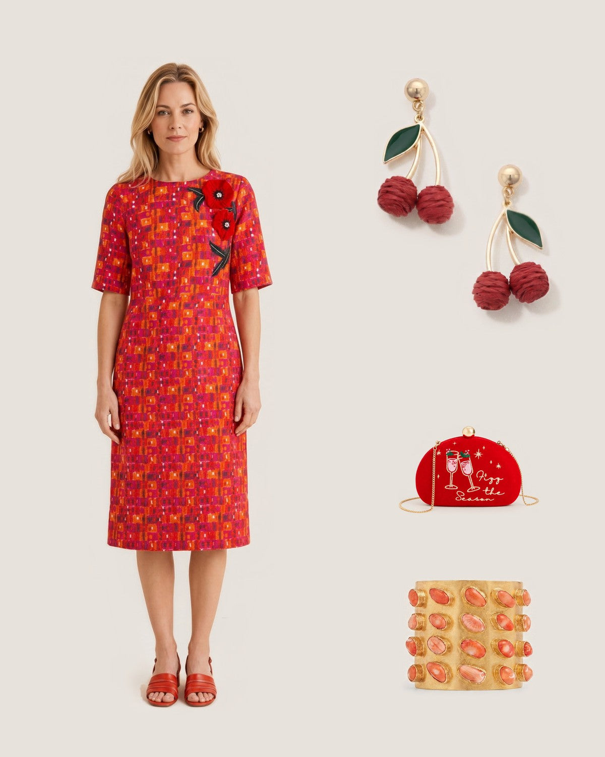 How to style the Cherry Red Raffia Drop Earrings: with the Vintage Poppy Bloom Jacquard Midi Dress, "Fizz the Season" Minaudière, Scarlet and Coral Legacy Cuff