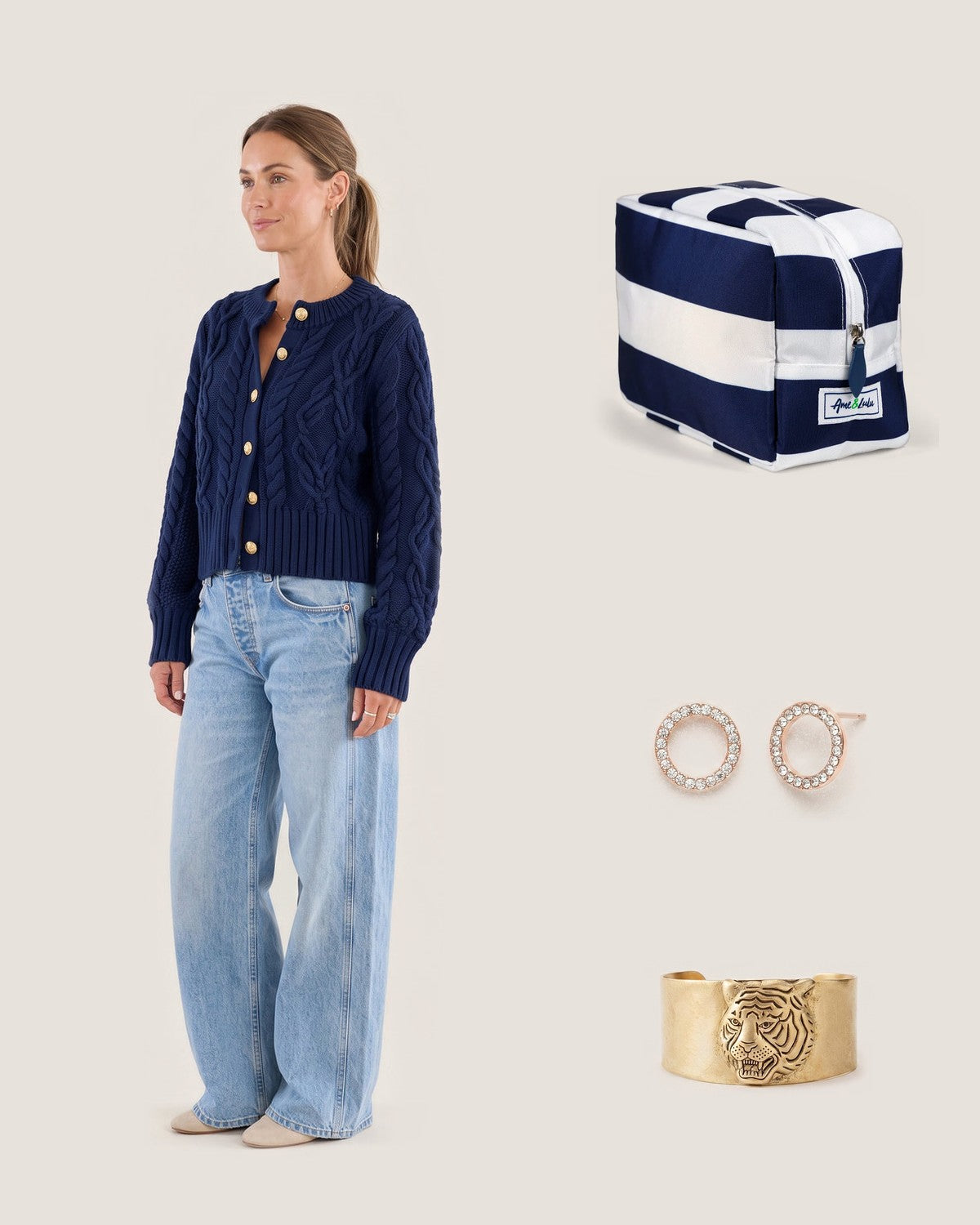 How to style the Captain Classic Striped Nylon Pouch – Navy & White: with the The Newport Cable Cardigan in Navy, Gold Crystal Eternity Stud Earrings and Tarina Tiger Head Cuff