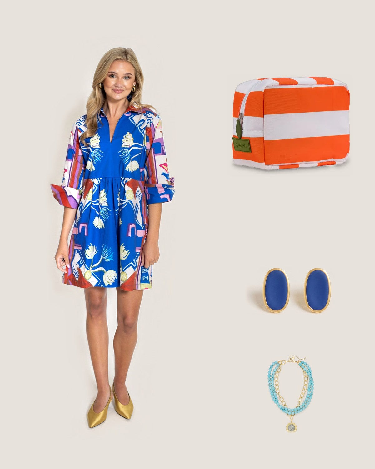 How to style the Classic Striped Nylon Pouch – Orange & White: with the Sapphire© Blythe Empire Dress Short, Navy Alexis Oval Enamel Post Earrings and Gold and Buffalo Nickel on 3 Row Matte Turquoise Necklace