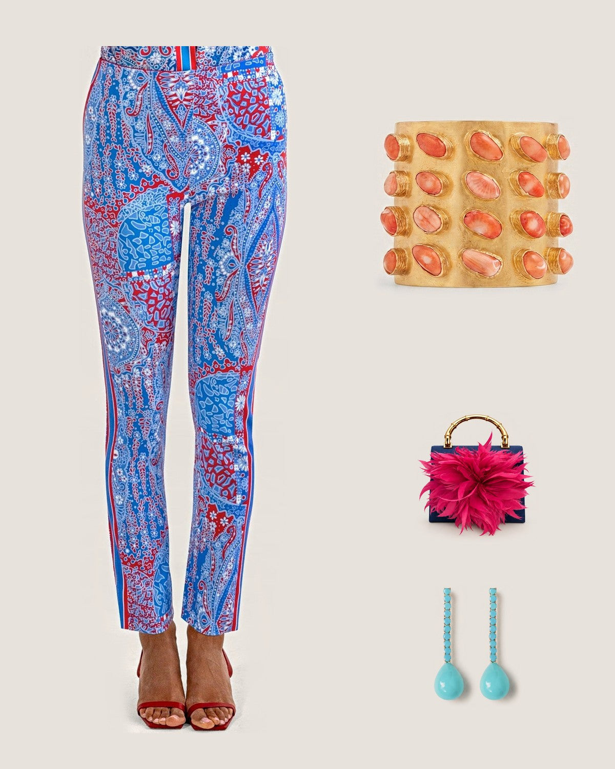 How to style the Coral Legacy Cuff: with the Grand Bazaar Pull-On Pants, Navy Blue Lulu Clutch with Fuschia Feather Plume and Turquoise Swingy Statement Earrings