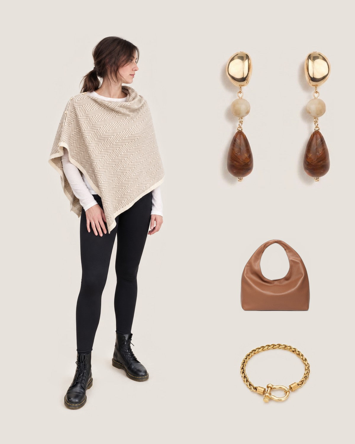 How to style the Dark Tortoise Color Marble Stone Teardrop Earrings: with the Riverside Luxe Convertible Cardigan Wrap, Monaco Toffee Shoulder Bag and Horse Bit Carabiner Charm Bracelet – 14K Gold PVD, Stainless Steel