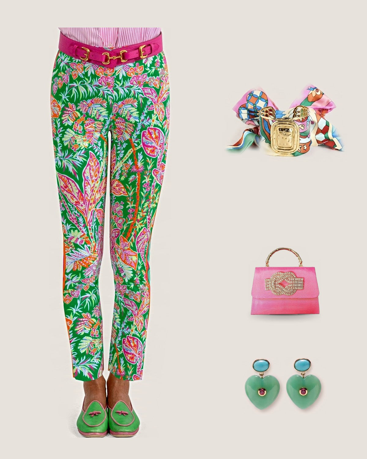 How to style the Evie Pink Multi Scarf Cuff – Large Gold Statement Scarf Cuff Bracelet: with the Vintage Vines in Kelly Green Gripeless Pull-On Pants, Pink Lulu Rhinestone Knot w/ Gold Bamboo Handle Clutch and Lucky Heart Evil Eye Earrings – Jade Green Heart with Turquoise & Pink CZ