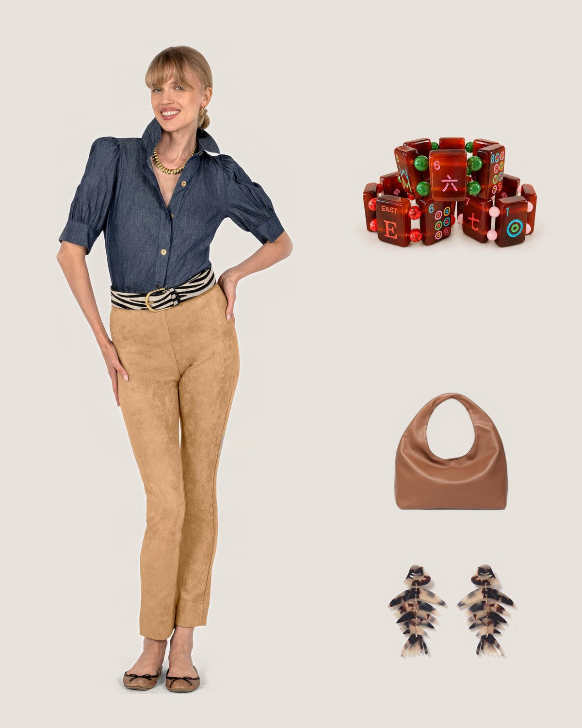 How to style the Faux Tortoise Shell Mahjong Tile Bracelet: with the Chambray Puff Sleeve Top, Monaco Toffee Shoulder Bag and Blonde Tortoise Bonefish Acrylic Drop Earrings