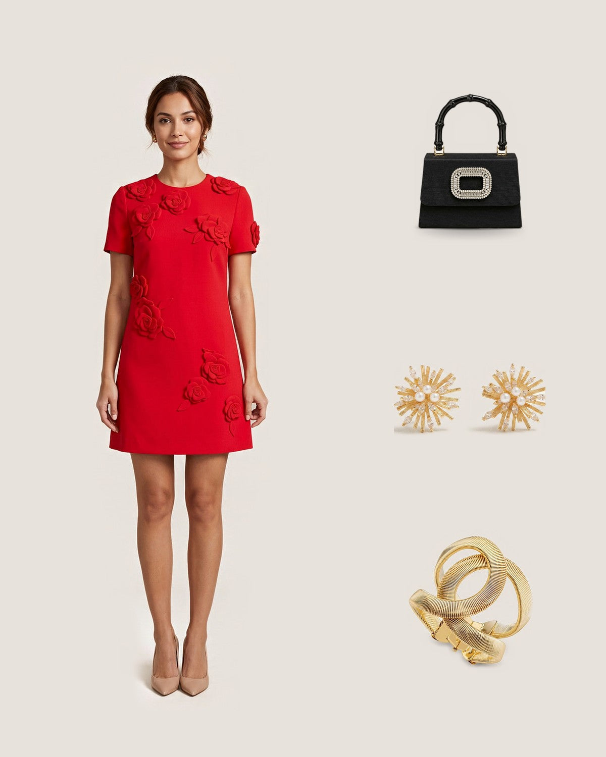 How to style Floral Red Dress | Short Sleeve Elegance: with the Black Faille Lulu with Rhinestone Buckle, Sunburst Earrings and Giselle Bracelet