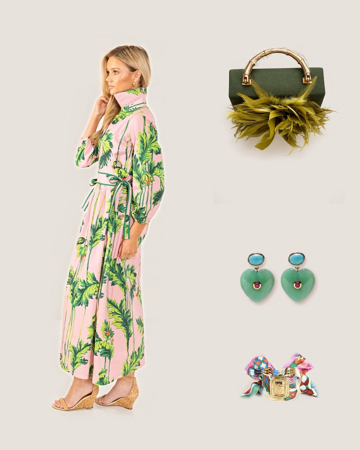 How to style the Green Lulu Clutch with Lime Green Feather Plume: with the Pink Regency Long Dress by House of MBR, Lucky Heart Evil Eye Earrings – Jade Green Heart with Turquoise & Pink CZ and Evie Pink Multi Scarf Cuff – Large Gold Statement Scarf Cuff Bracelet