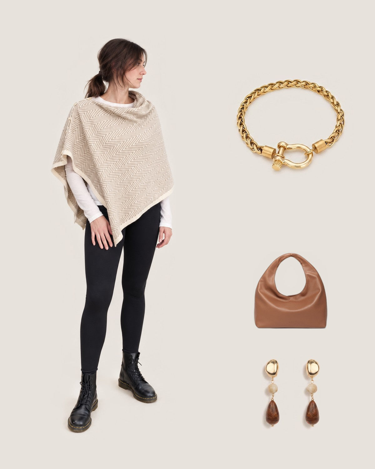 How to style the Horse Bit Carabiner Charm Bracelet – 14K Gold PVD, Stainless Steel: with the Riverside Luxe Convertible Cardigan Wrap, Monaco Toffee Shoulder Bag and Dark Tortoise Color Marble Stone Teardrop Earrings