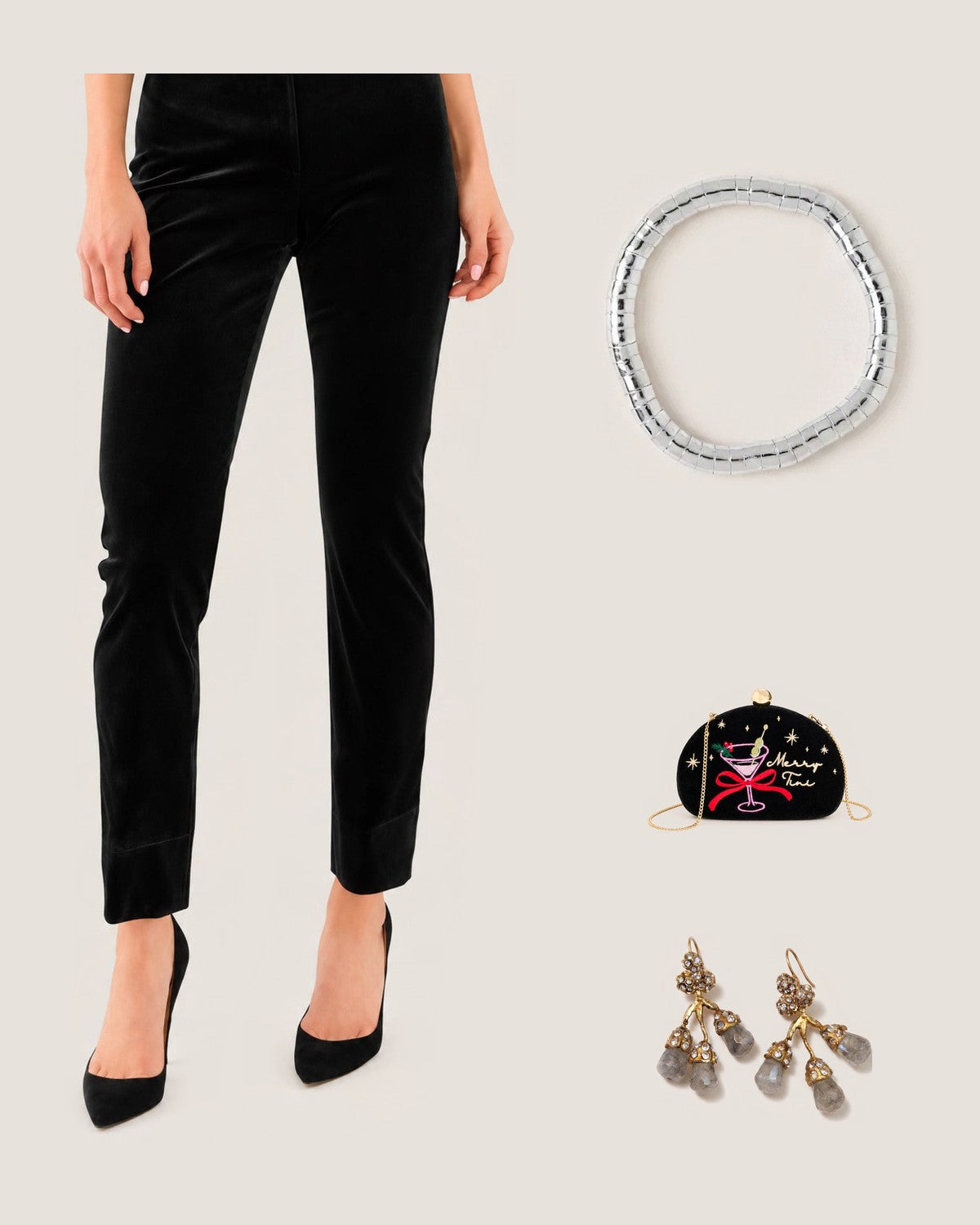 How to style the Lucille Round Bead Stretch Bracelet Silver: with the Silky Velvet Gripeless Pull On Pants, "Merry Tini" Minaudière, Black and Gemma Branch Earrings