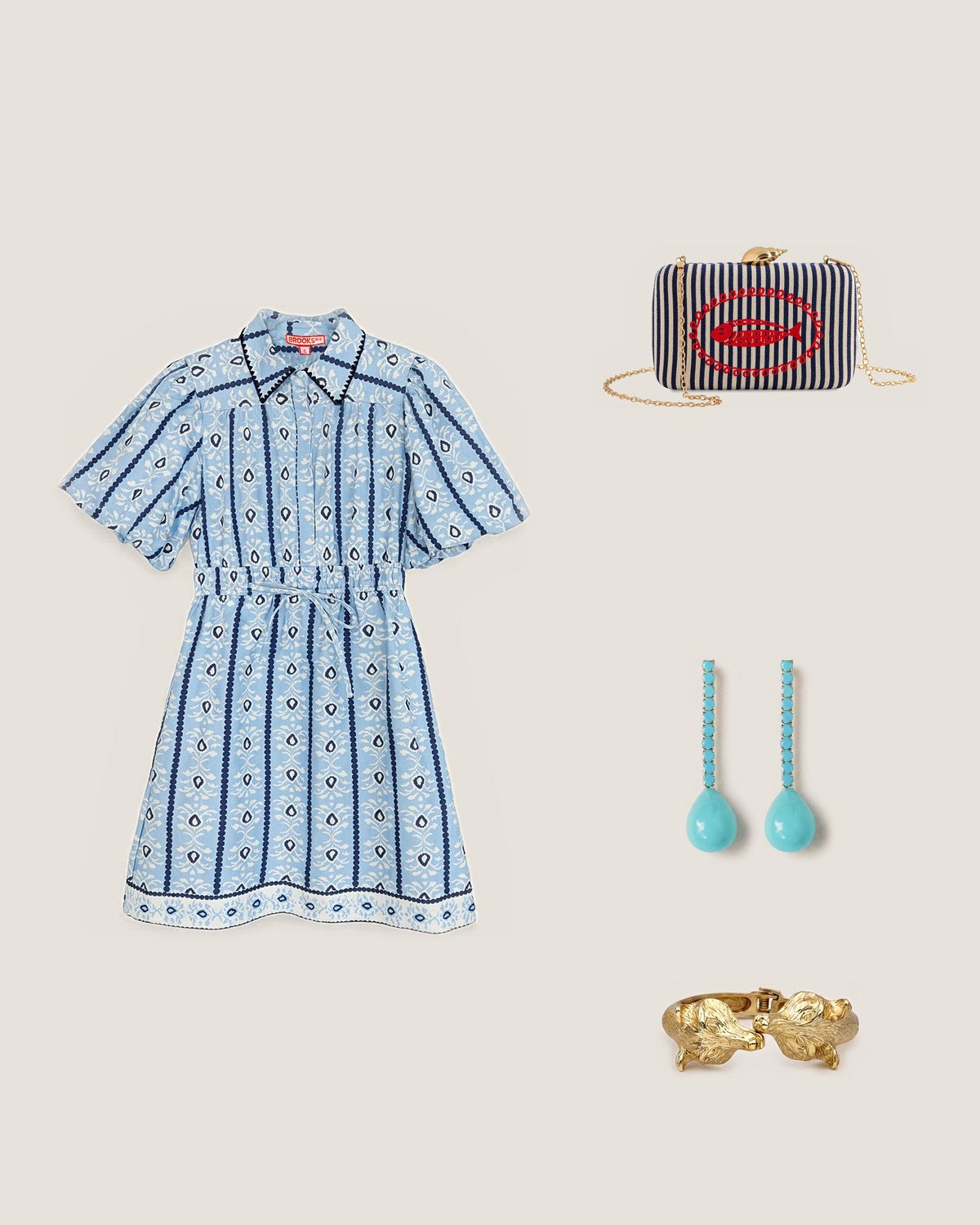 How to style the Navy Marina Minaudière Clutch: with the Banyan Mini Dress - Cabana Stripe Blue, Turquoise Swingy Statement Earrings and Golden Fox Hinged Bracelet