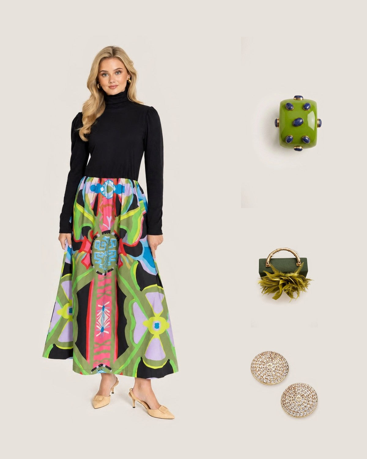 How to style the Pea Amethyst Resin Bracelet: with the Keaton© Mixed Media Turtle Neck Dress by House of MBR, Green Lulu Clutch with Lime Green Feather Plume and Luster Earrings