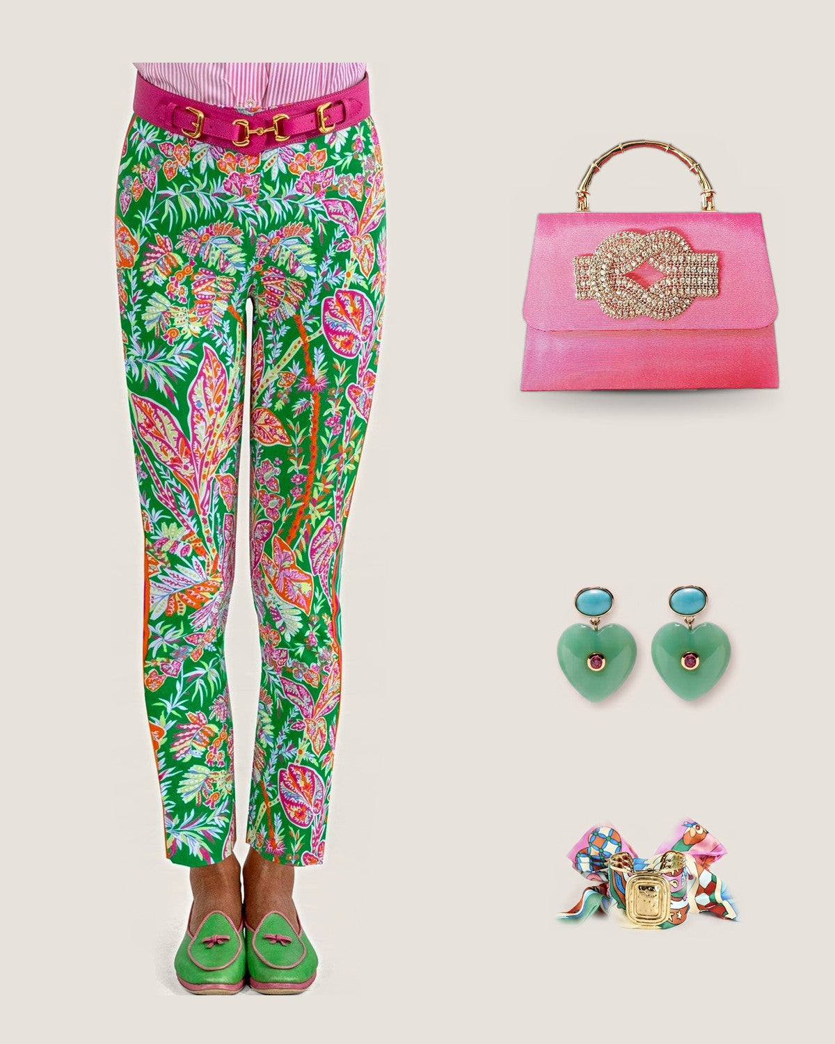 How to style the Pink Lulu Rhinestone Knot w/ Gold Bamboo Handle Clutch: with the Vintage Vines in Kelly Green Gripeless Pull-On Pants, Lucky Heart Evil Eye Earrings – Jade Green Heart with Turquoise & Pink CZ and Evie Pink Multi Scarf Cuff – Large Gold Statement Scarf Cuff Bracelet