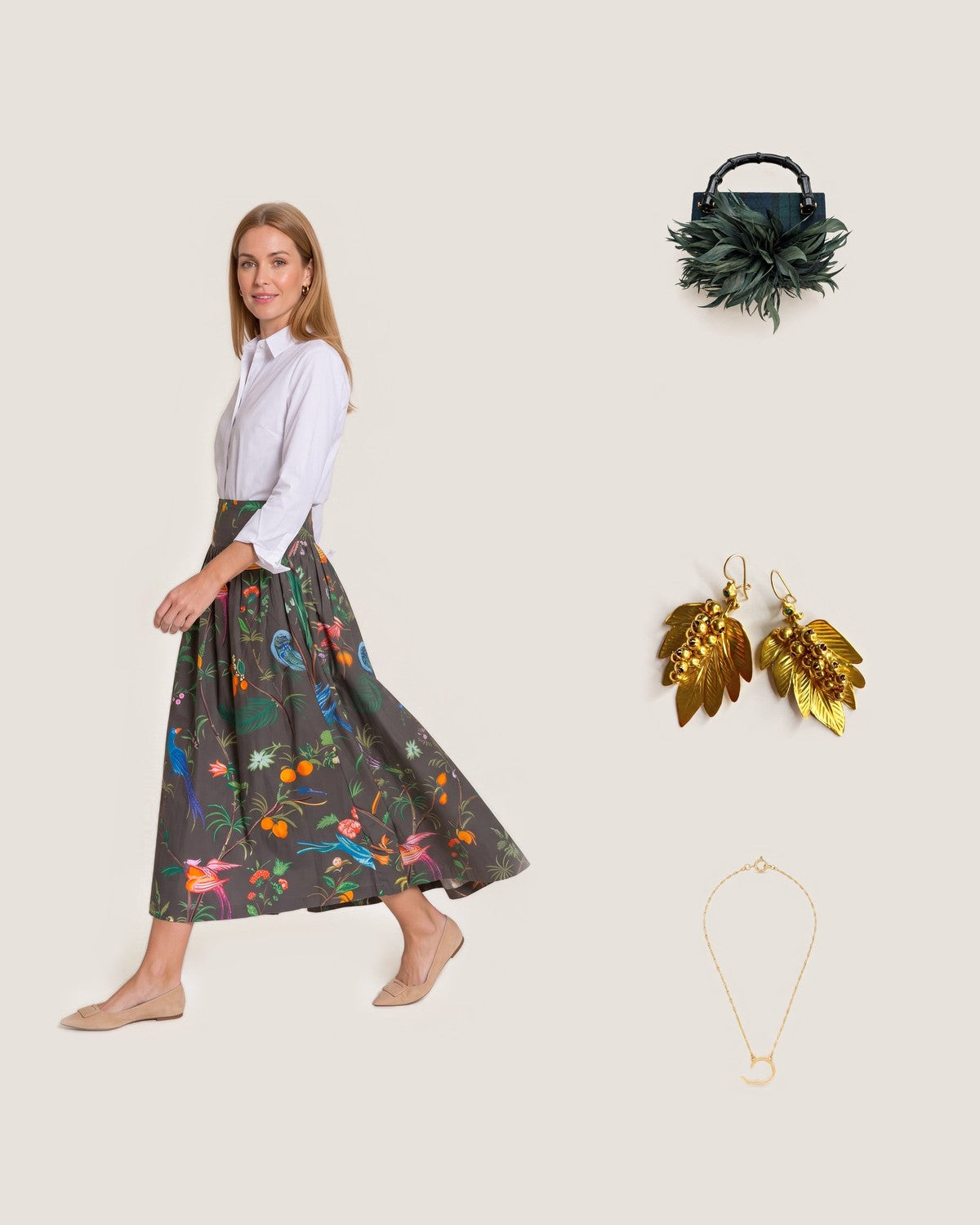 How to style Feather Frolic© Sadie Drop Waist Maxi Skirt (Preorder): with the Black Watch Lulu Clutch with Olive Feather Plume, Gabriella Leaf Earrings and Full Circle Charm Collector Necklace – 18K Gold PVD