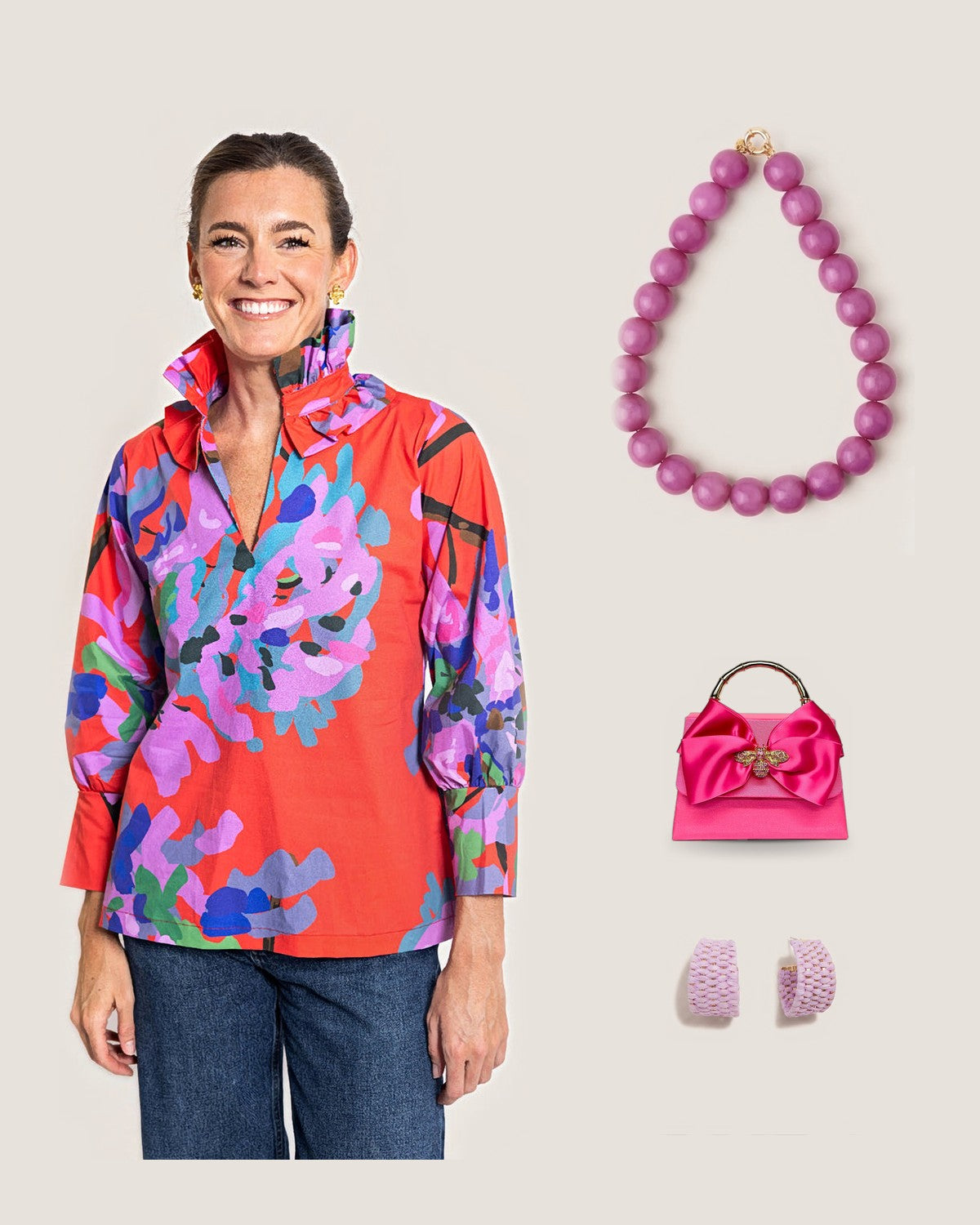 How to style the Purple Iris Large Resin Bead Necklace: with the Miss Scarlet© Harper Estate Top, Pink Lulu Rhinestone Bee Charm Handbag and Lavender Woven Raffia Wide Hoop Earrings